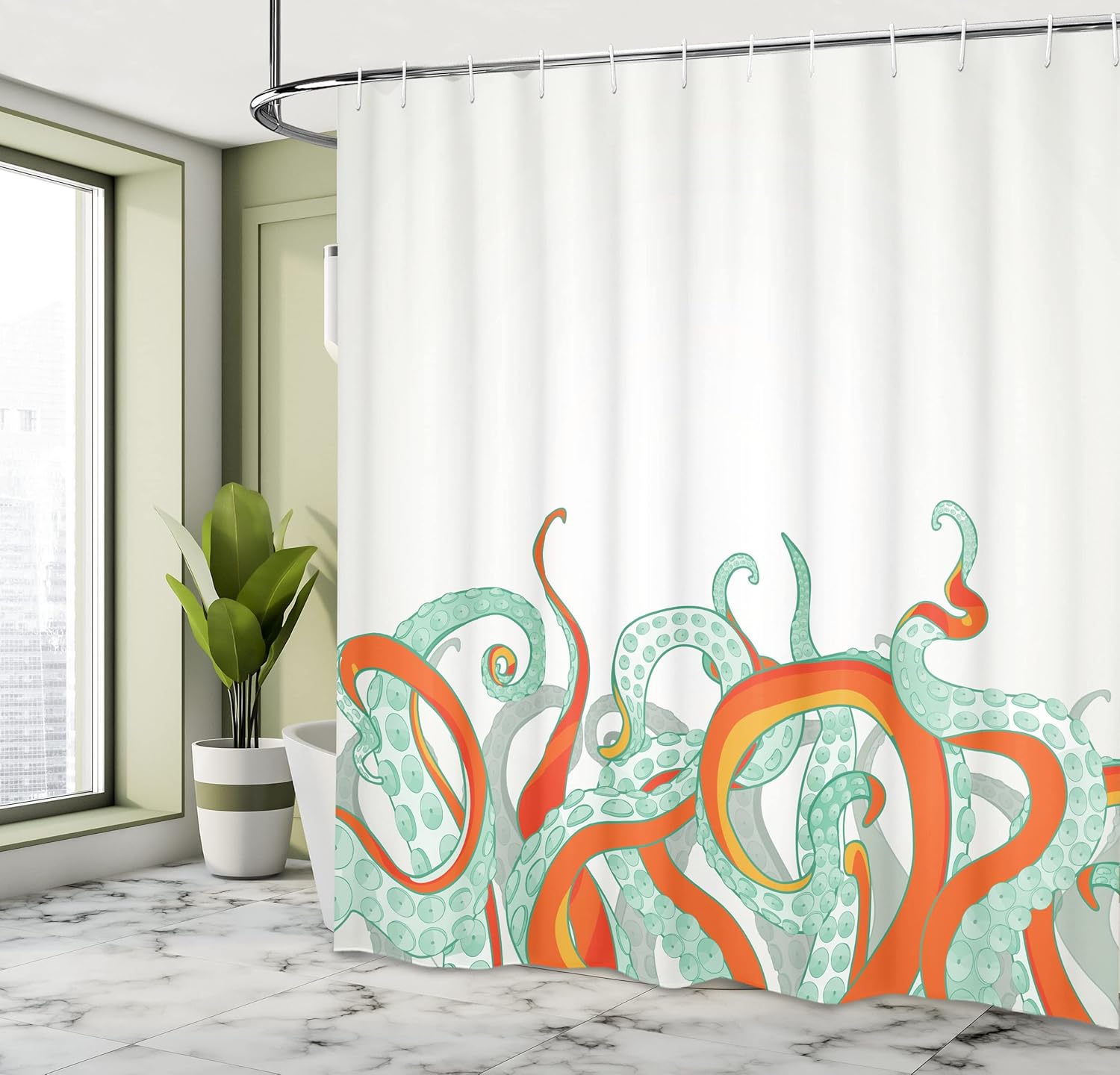 Ambesonne Octopus Shower Curtain, Animal Tentacles Background Underwater Marine Nature and Sea Creatures Nautical, Cloth Fabric Bathroom Decor Set with Hooks, 69" W x 70" L, Vermilion