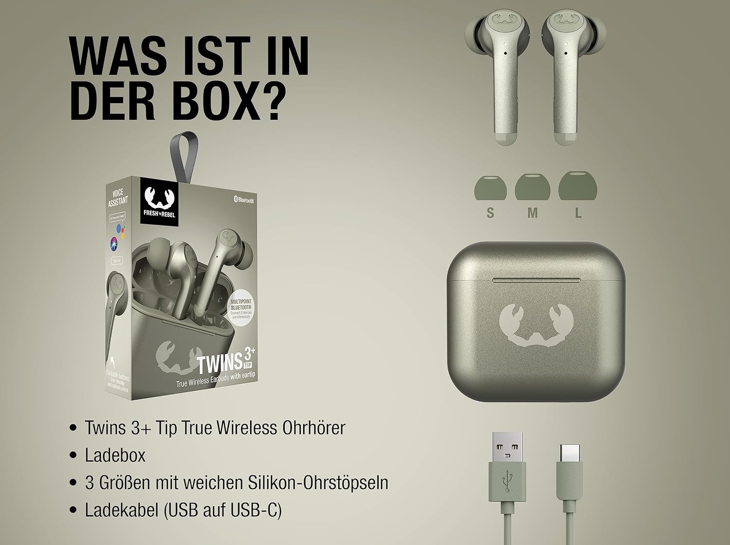 Contents of the Fresh 'n Rebel Twins 3+ Tip box, including earbuds, charging case, three sizes of silicone ear tips (S, M, L), and a USB-A to USB-C charging cable.