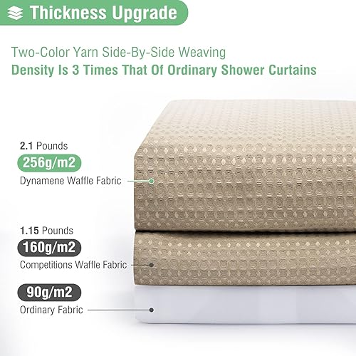 Miniatura 2 de Dynamene Cortina de ducha de tela beige  Cortinas de ducha de tela resistente con textura de gofre para baño, 256 GSM, juego de cortina de baño con