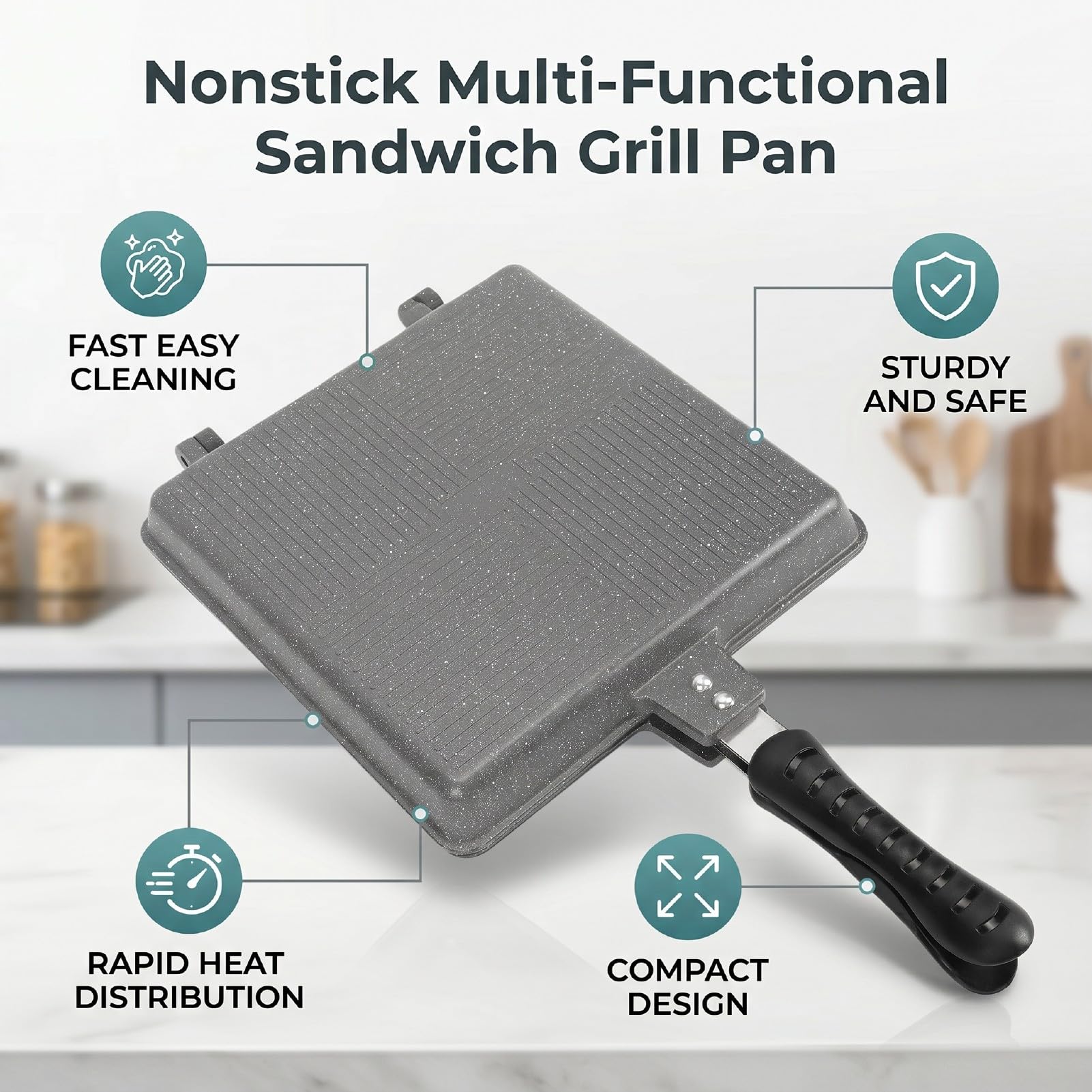 Padella Pressa per Sandwich Al Fornello, Piastra in Alluminio | Piastra Antiaderente a Calore Uniforme, Superficie Anti-graffio, Resistente Al Grasso e Facile da Pulire, Design Piatto Che