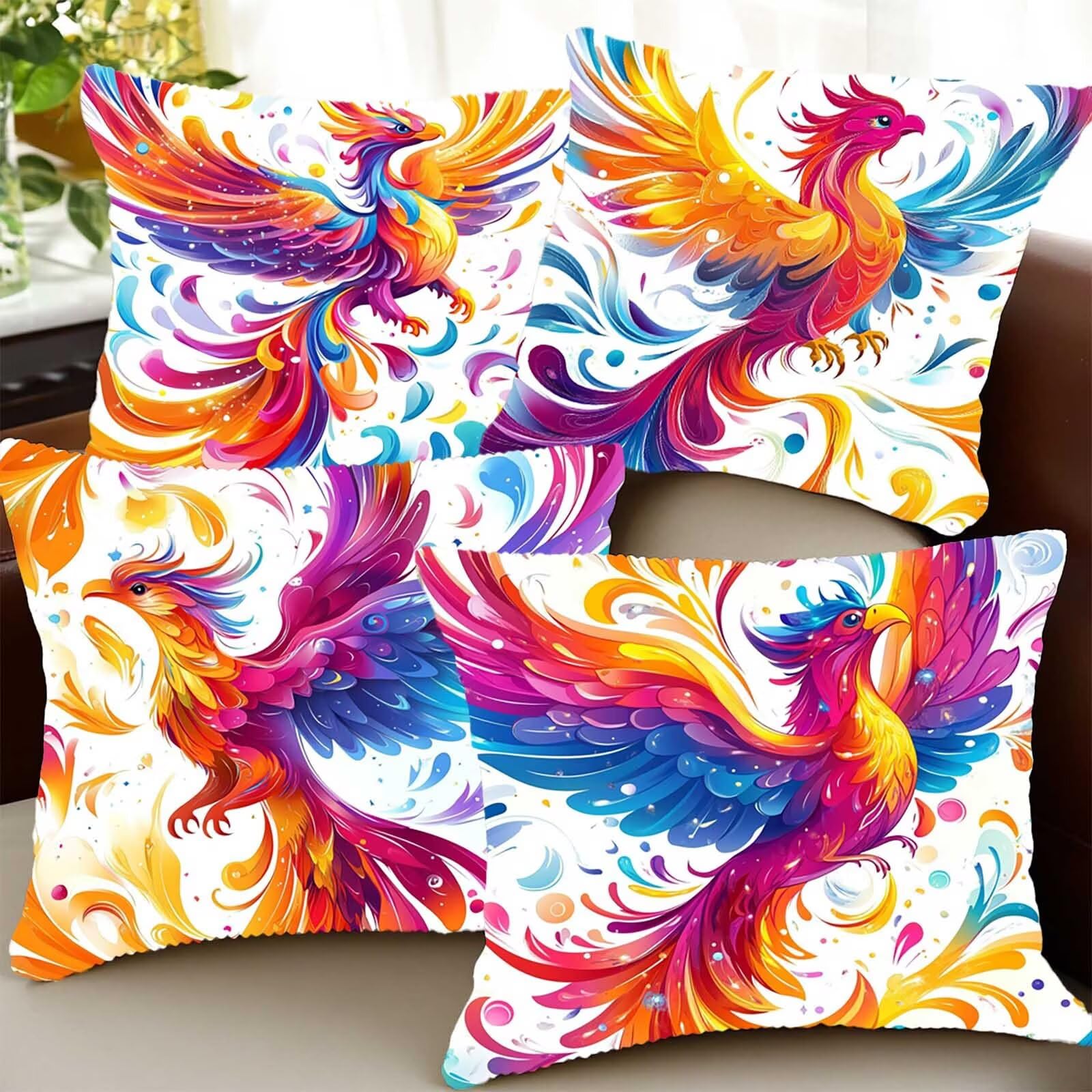 Federe per Cuscini 60 x 60cm, Quadrato Impermeabile Federe Cuscino Letto Colore 4 Pezzi Set Giardino Esterno Copricuscini per Divano Fenice Stampa Bifacciale per Divano Arredamento Casa GYL-10823