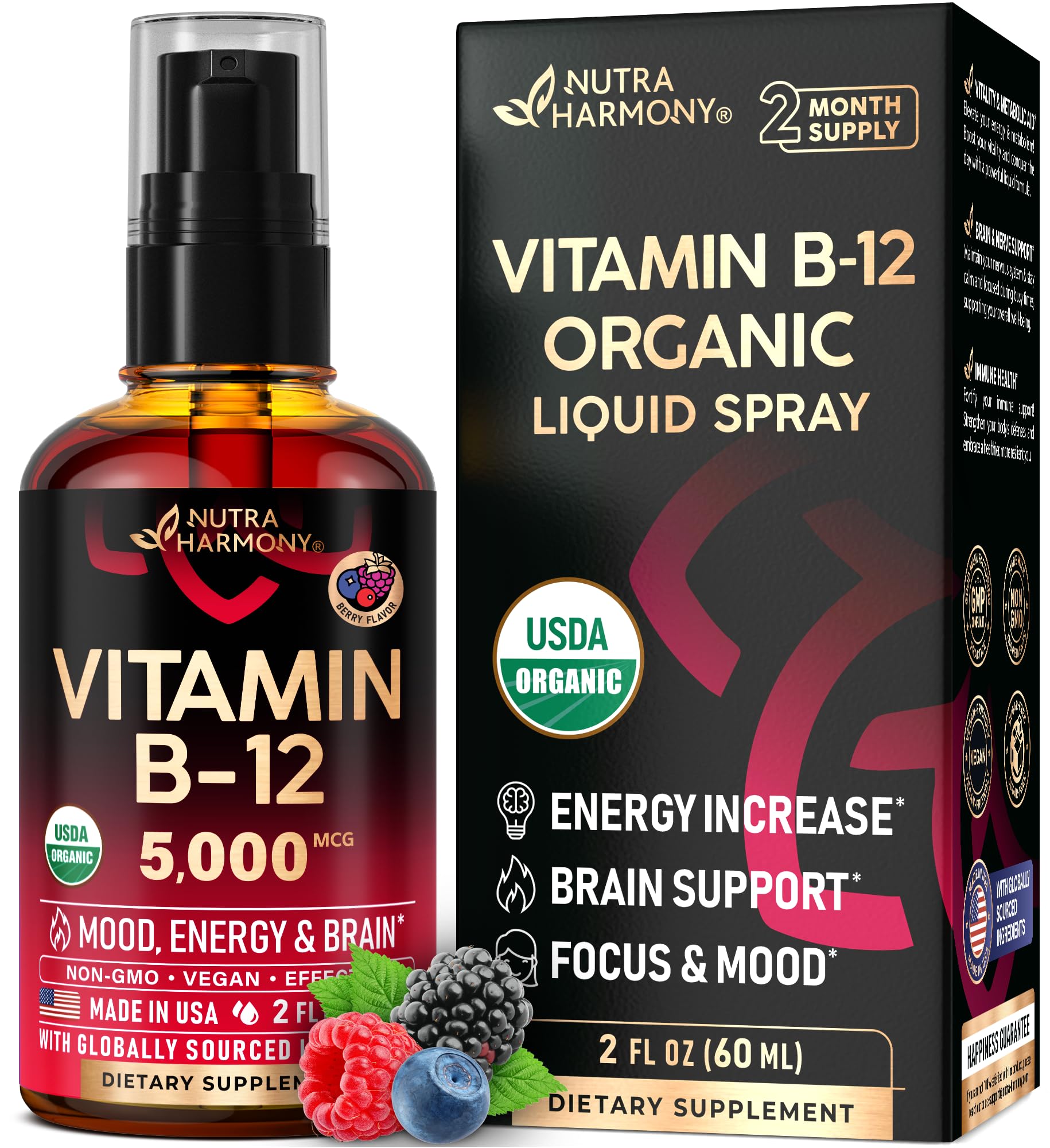 USDA Organic Vitamin B12 Sublingual Spray - 5000 mcg Liquid Vegan Methylcobalamin for Women & Men - Energy Boost, Focus & Mood, Brain Health Support - Maximize Absorption - 2 Month Supply, 2 fl oz