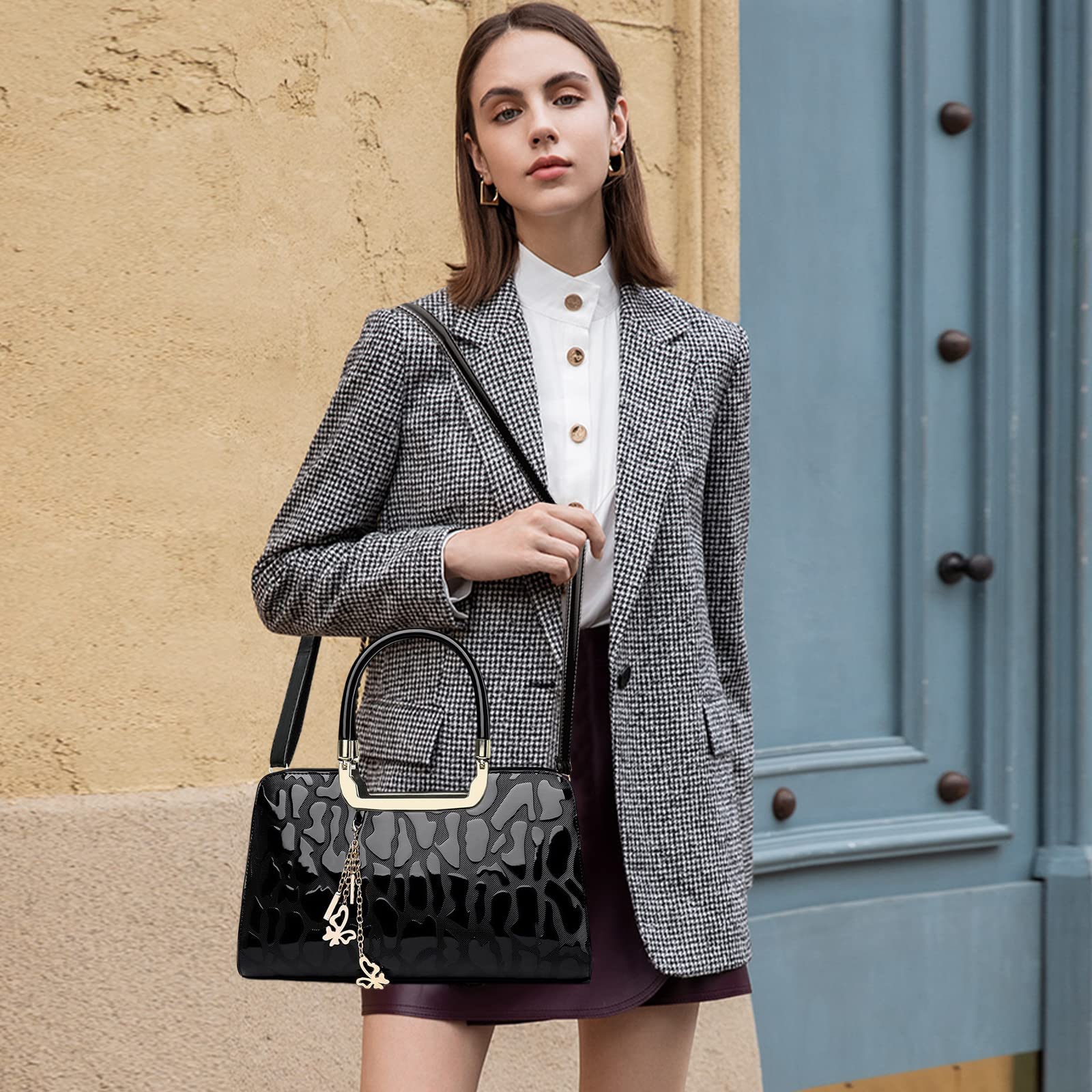 NICOLE & DORIS Handtasche Damen Schultertasche Lackleder Henkeltasche Elegante Umhängetasche Wasserdichte Ausgefallene Clutch Handtaschen mit Anhänger