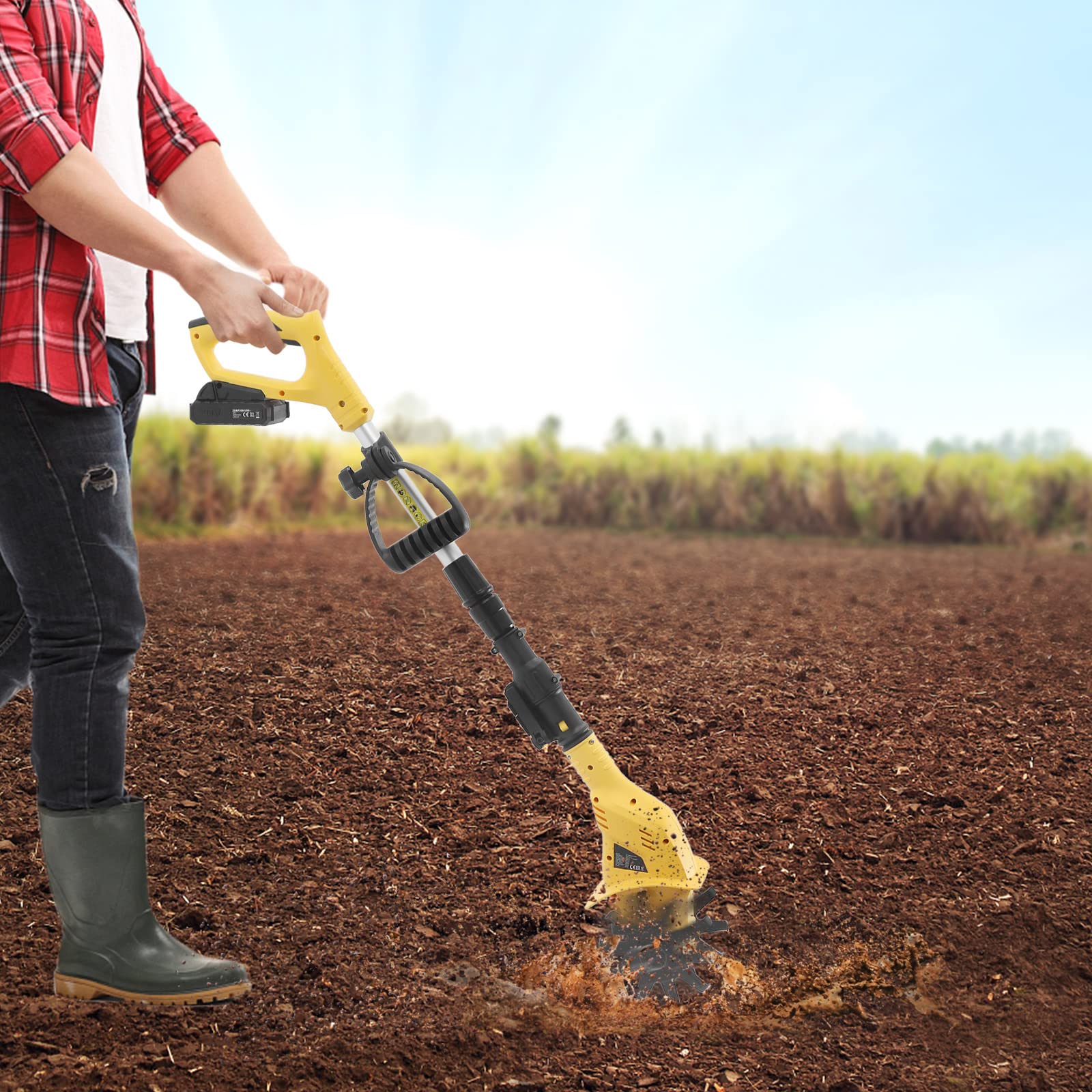 20 V batería azada pequeña fresadora de jardín cultivador eléctrico con batería, altura ajustable, para arar, girar el suelo, abrir en parques, jardines, patios, campos, amarillo