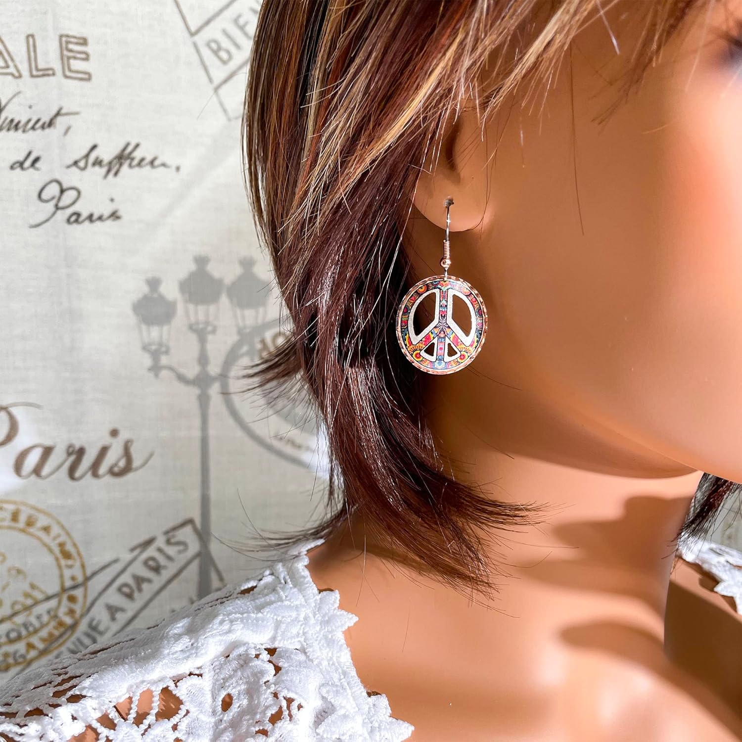 FRONT LINE JEWELRY Handcrafted Copper Peace Earrings – Bold Round Cutout Peace Sign Design – Unique Artisan Wearable Art – Boho Statement Jewelry for Women