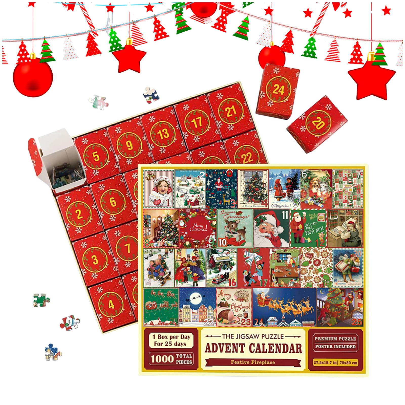 Christmas Advent Puzzle Calendar 2024,1000 Pcs Christmas Advent Calendar Jigsaw Puzzles,Xmas 24 Days Advent Countdown Gift for Adults Kids (red)