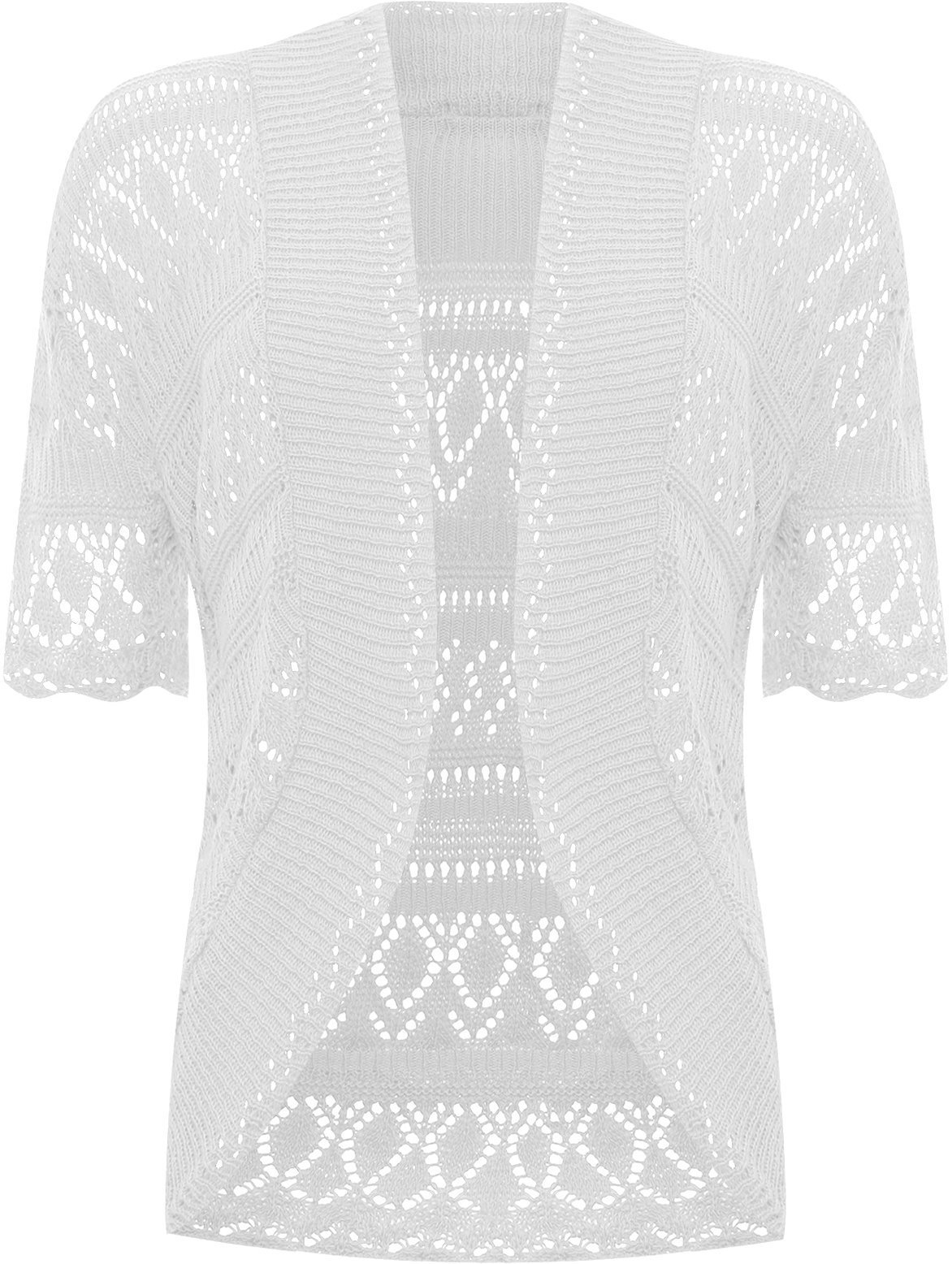Wearall Women's White Plus Knitted Crochet Short Sleeve Top Shrug Open Cardigan - 24-26