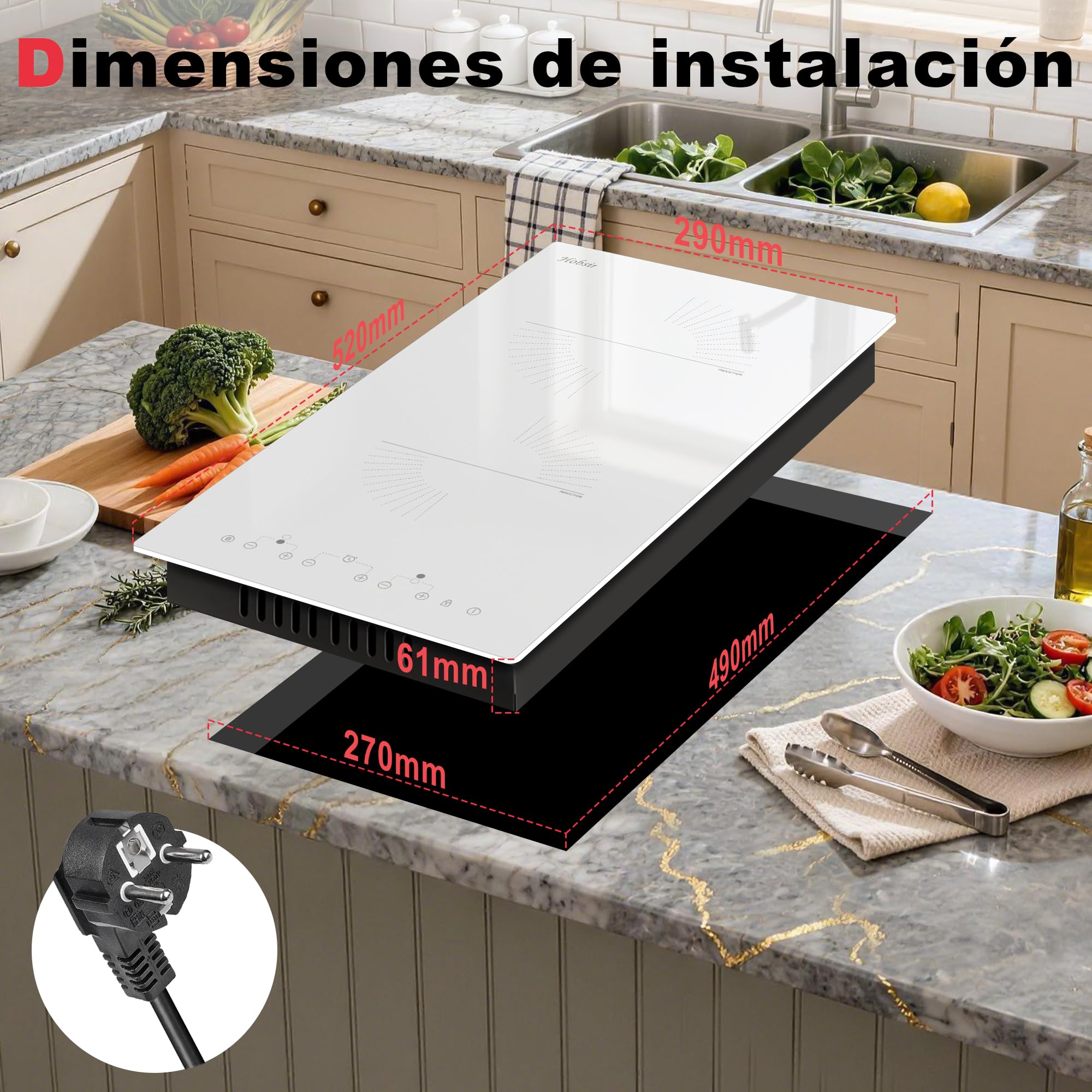 Hobsir Placa Induccion 2 Fuegos con Enchufe, Placa Induccion Blanca, 3500 W