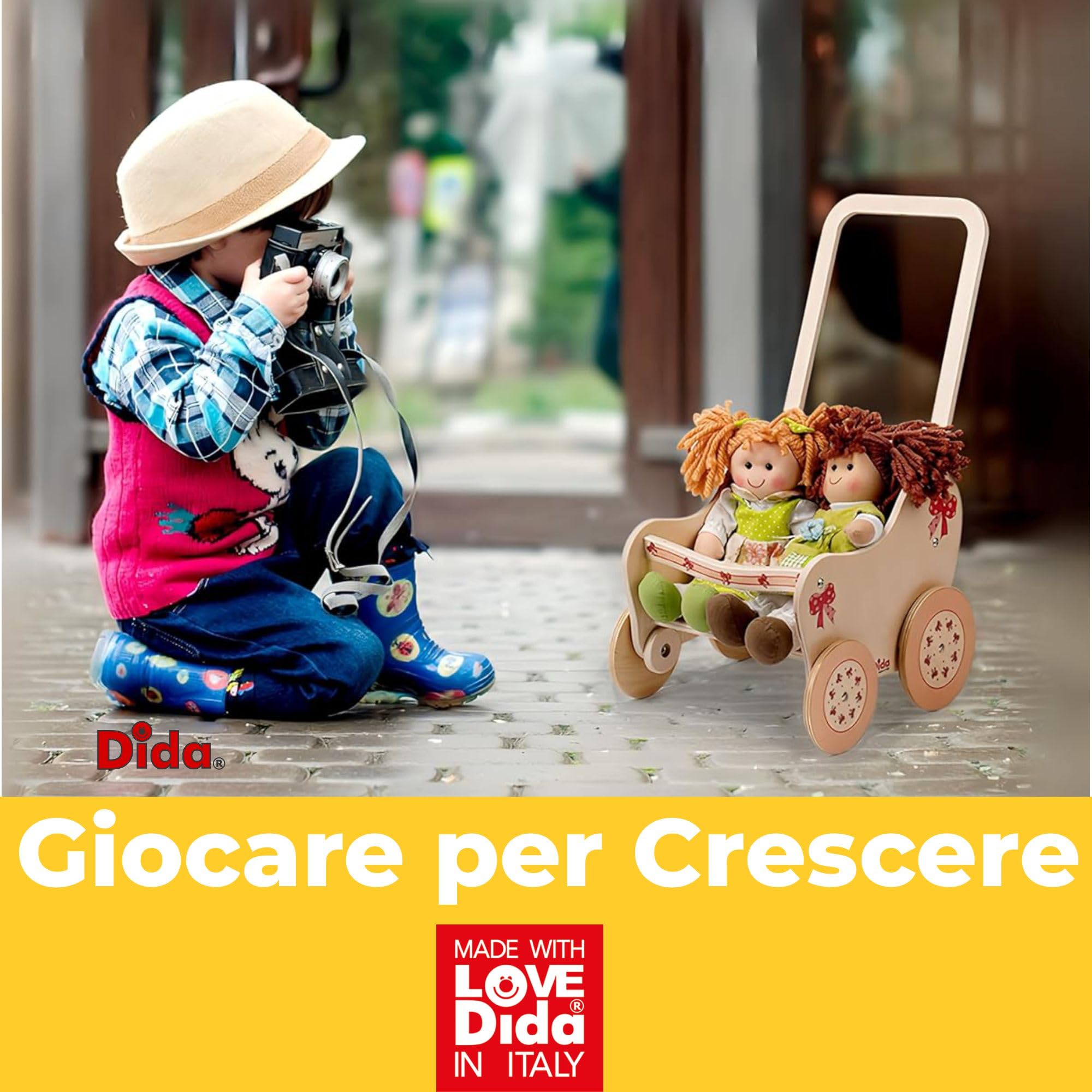 Dida | Passeggino in Legno per Bambole Fiocco, Small | 28×23×49 cm | Ruote Silenziose, Manico Ergonomico, Sedile Decorato | Gioco Montessori 2–4 Anni | Carrozzina per Bambole fino a 35 cm