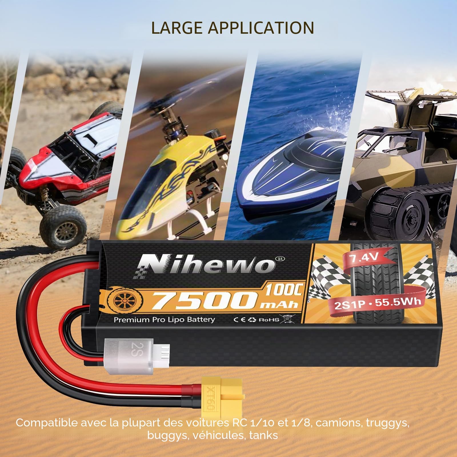 2Packs 2S Batterie Lipo, 7,4 V 7500 mAh RC Batterie 100 C Étui Rigide Lipos XT60 Connecteur Compatible avec 1/8 1/10 RC Voiture Camion Truggy Véhicules Réservoir Bateau Avion Modèles