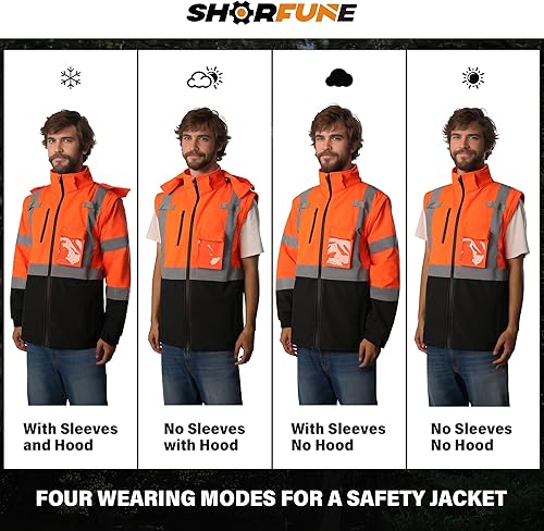 Miniatura 6 de SHORFUNE Chaqueta Softshell de seguridad reflectante de alta visibilidad para hombres con diseño desmontable, cálida, impermeable y ligera, Naranja