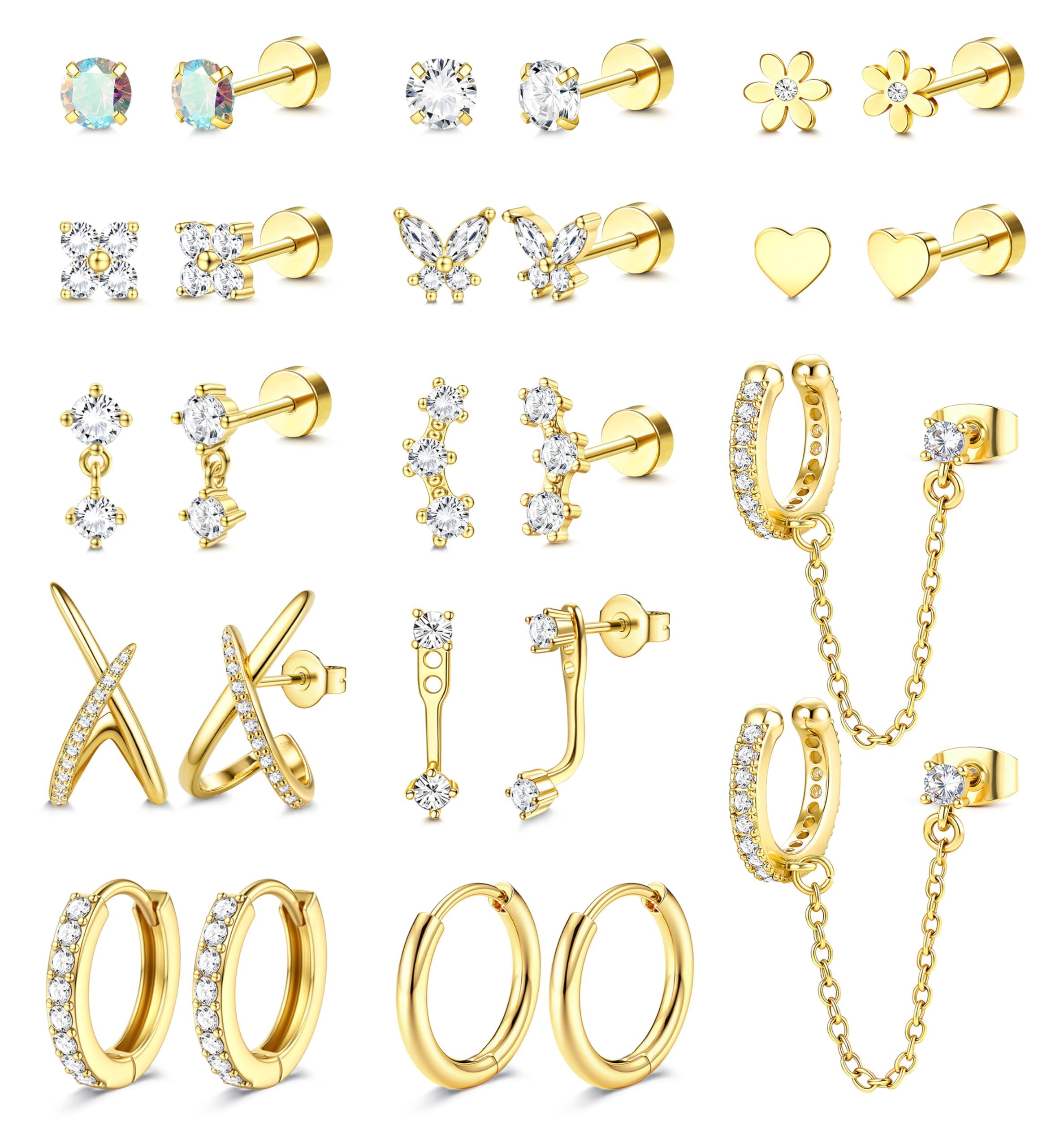 Thunaraz Hypoallergenic Flat Back Earrings for Women - 14K Gold