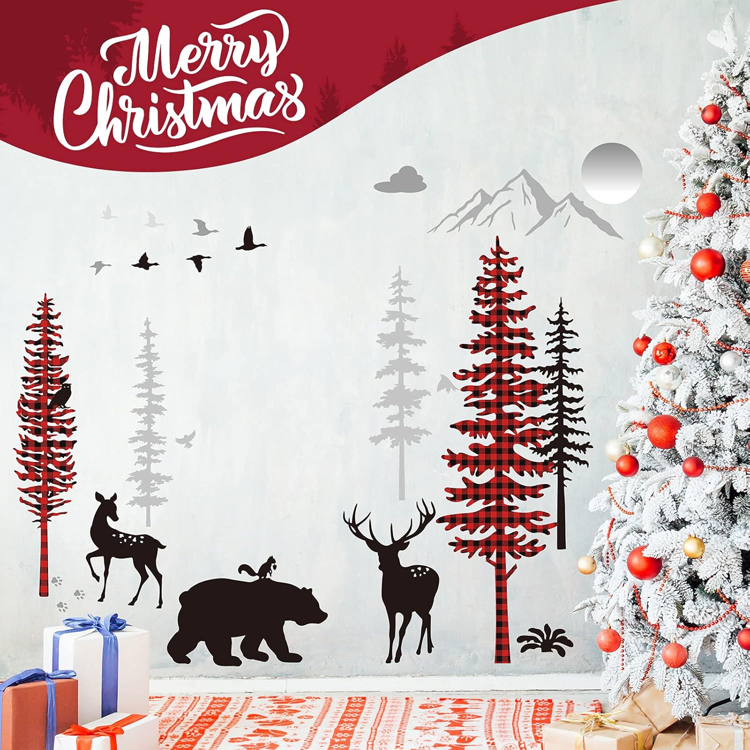 Nursery Wall Decals Forest Deers Wall Stickers Bears Pine Tree Wall Decals Mural Art Wallpaper for DIY Children Room Nursery Vinyl Removable Decals (Plaid Style) : Baby