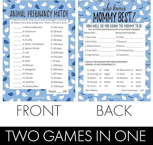 Miniatura 10 de DISTINCTIVS Pink A Little Boo is Almost Due Girl Baby Shower - Juego de adivinanzas de imágenes de embarazo de animales y emojis (paquete de 2