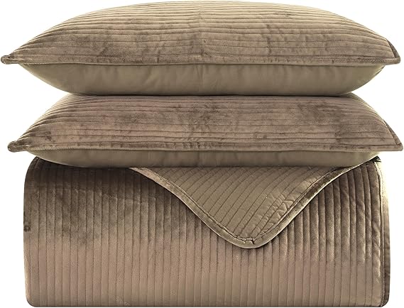 Elegant Comfort Luxury 3-Piece Velvet Corduroy Stripe Quilt Set, Ultra Soft Bedspread - Cozy Velvet Coverlet Set - 3PC Medium Weight Quilted Set with Matching Pillow Shams, Full, Khaki