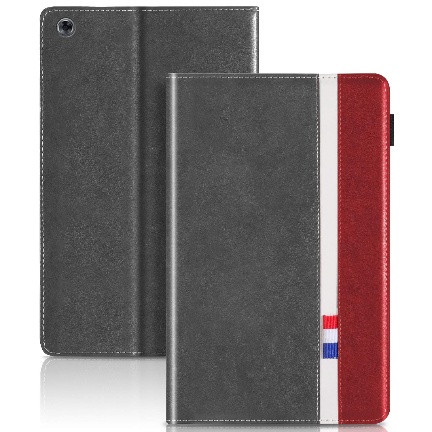 MediaPad T3 10 Tablet Case, CASE4YOU 360° Case Flip PU Leather Cover Business Portfolio Wallet with Strap Card Slots Magnetic Shell Carrying Case for Huawei MediaPad T3 10 (9.6") Case Gray Red