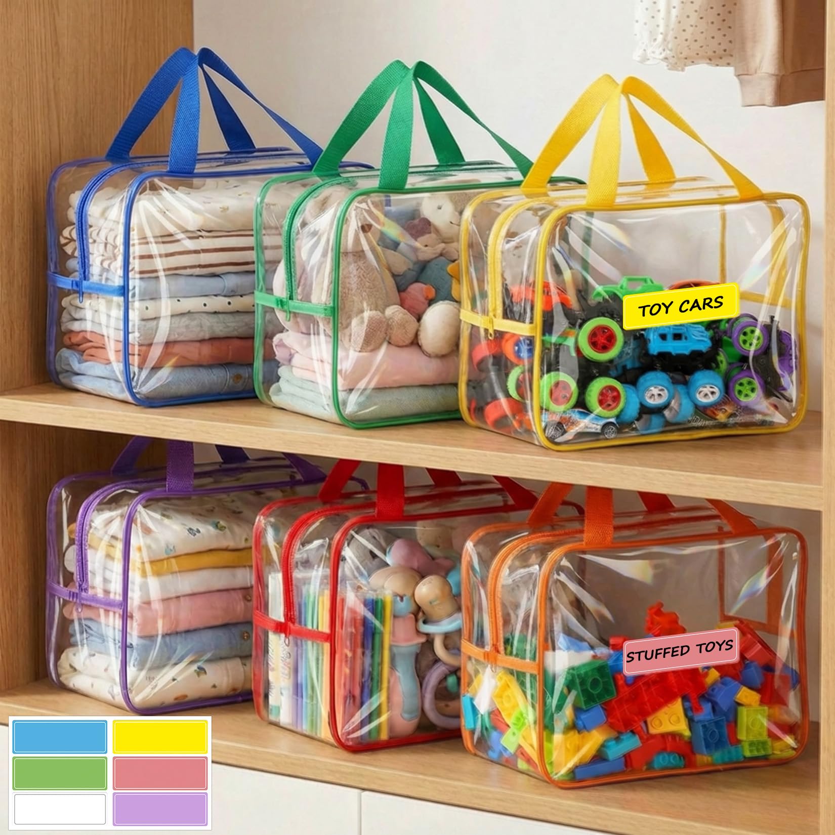 Confezione da 6 sacchetti grandi per giocattoli, riutilizzabili, in PVC trasparente, con cerniera, impermeabili, organizer da viaggio, per puzzle, blocchi da costruzione, giochi da tavolo, libri per