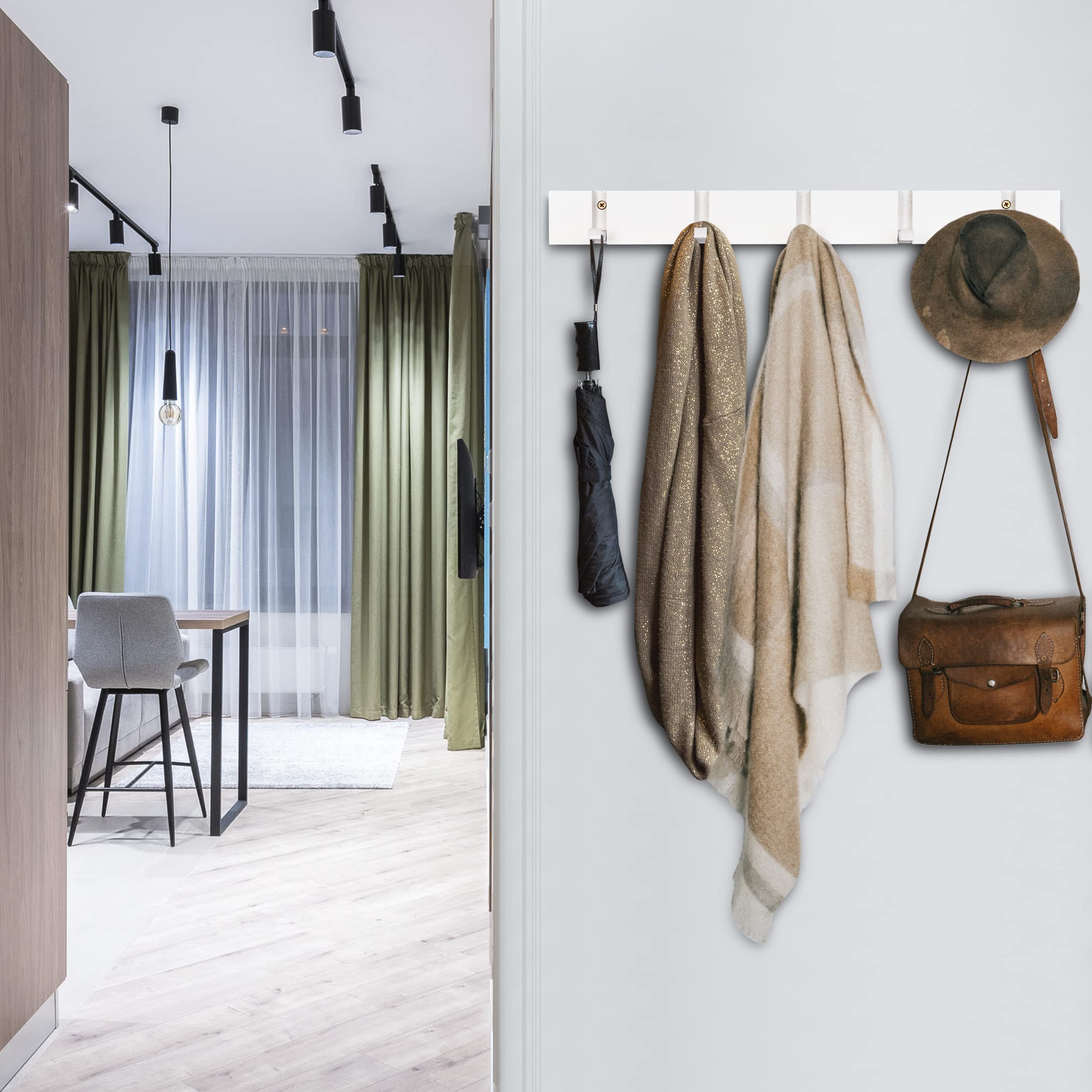 ONVAYA® Perchero | Blanco | Perchero de pared de diseño moderno | Perchero de madera de bambú | Perchero para ropa desplegable | Barra de ganchos | Perchero