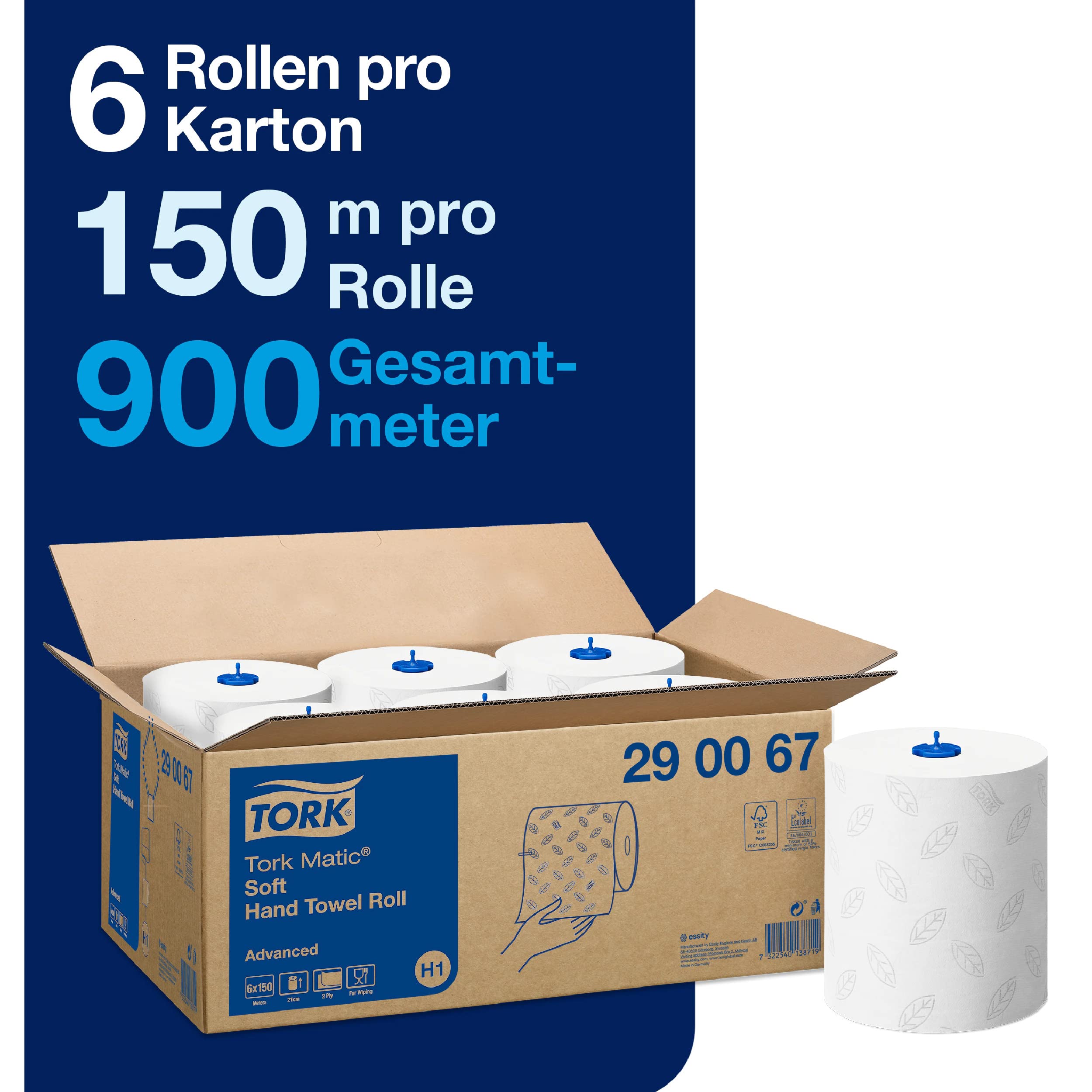 Tork Matic Rollenhandtuch Advanced 290067 - H1 Papierhandtücher für Rollenhandtuchspender, weich, reißfest, 2-lagig, weiß, mit Blatt-Prägung in Grau, 1 karton = 6 rollen