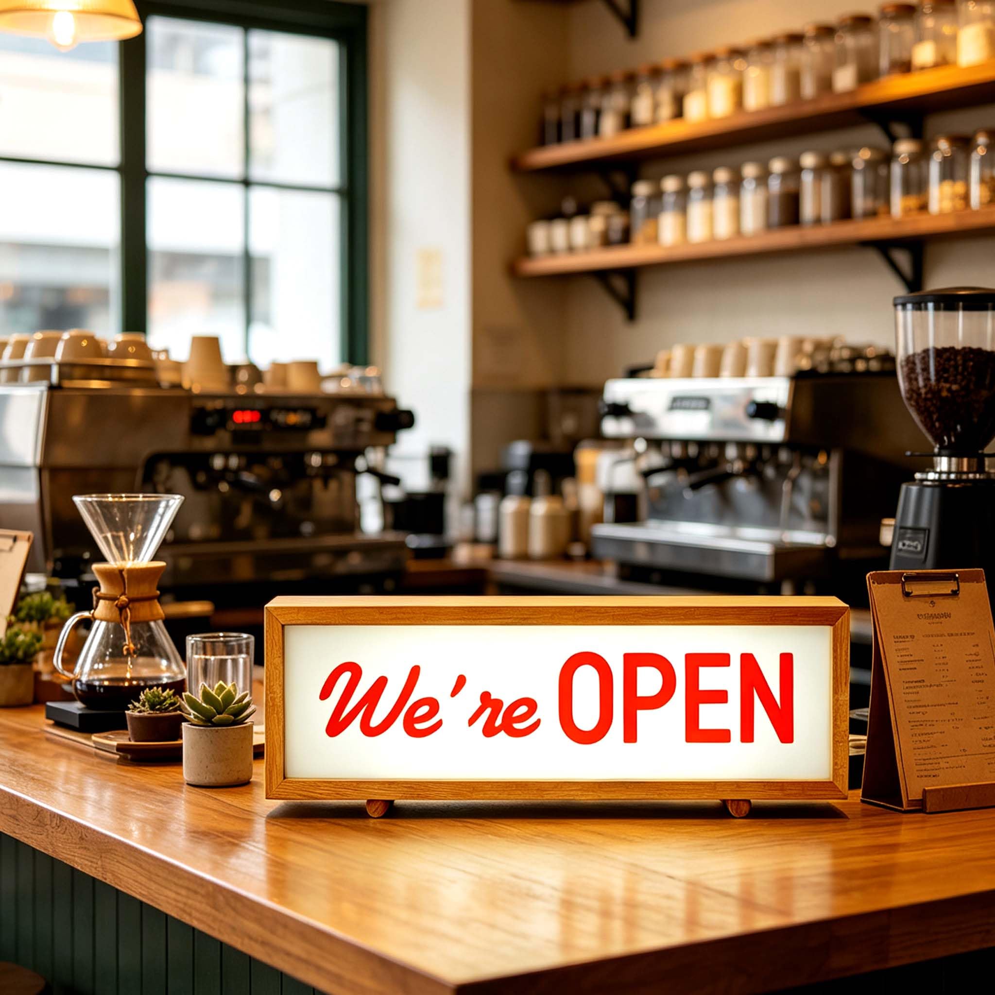 wpdash WE are Open Sign Wooden LED Lightbox Business Open Light Sign with Remote Control USB Powered Dimmable Warning Light for Boutique Stores Cafe Bar Business Shop Desk or Wall Decor