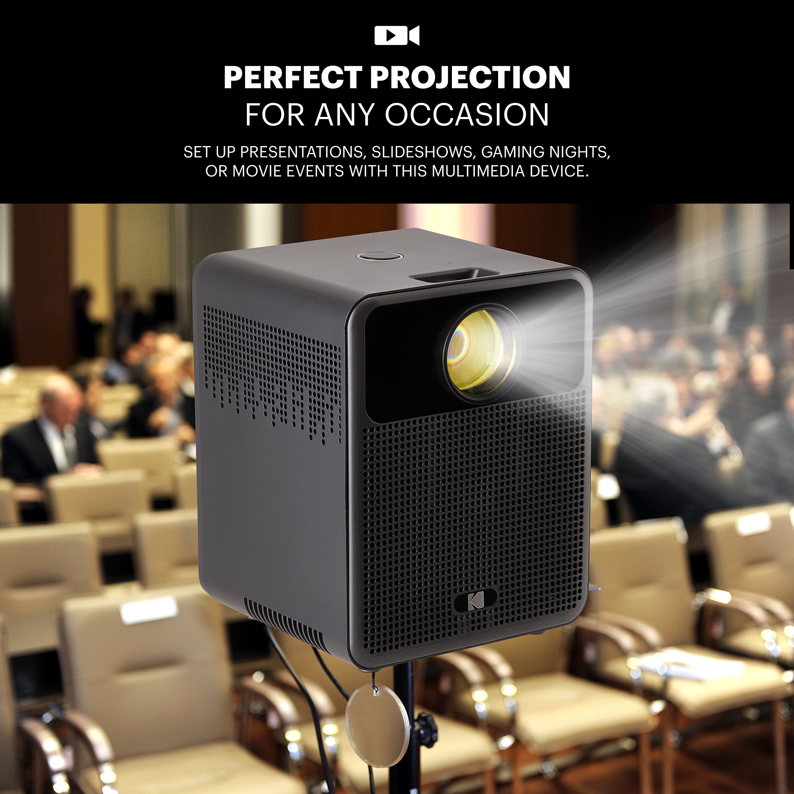 KODAK FLIK HD10 inteligentny projektor, system projekcji wideo Android TV 1080P FHD z asystentem Google, Wi-Fi, Bluetooth 5.0, HDMI, USB, Aux i wbudowanymi podwójnymi głośnikami 5 W, iOS i Android