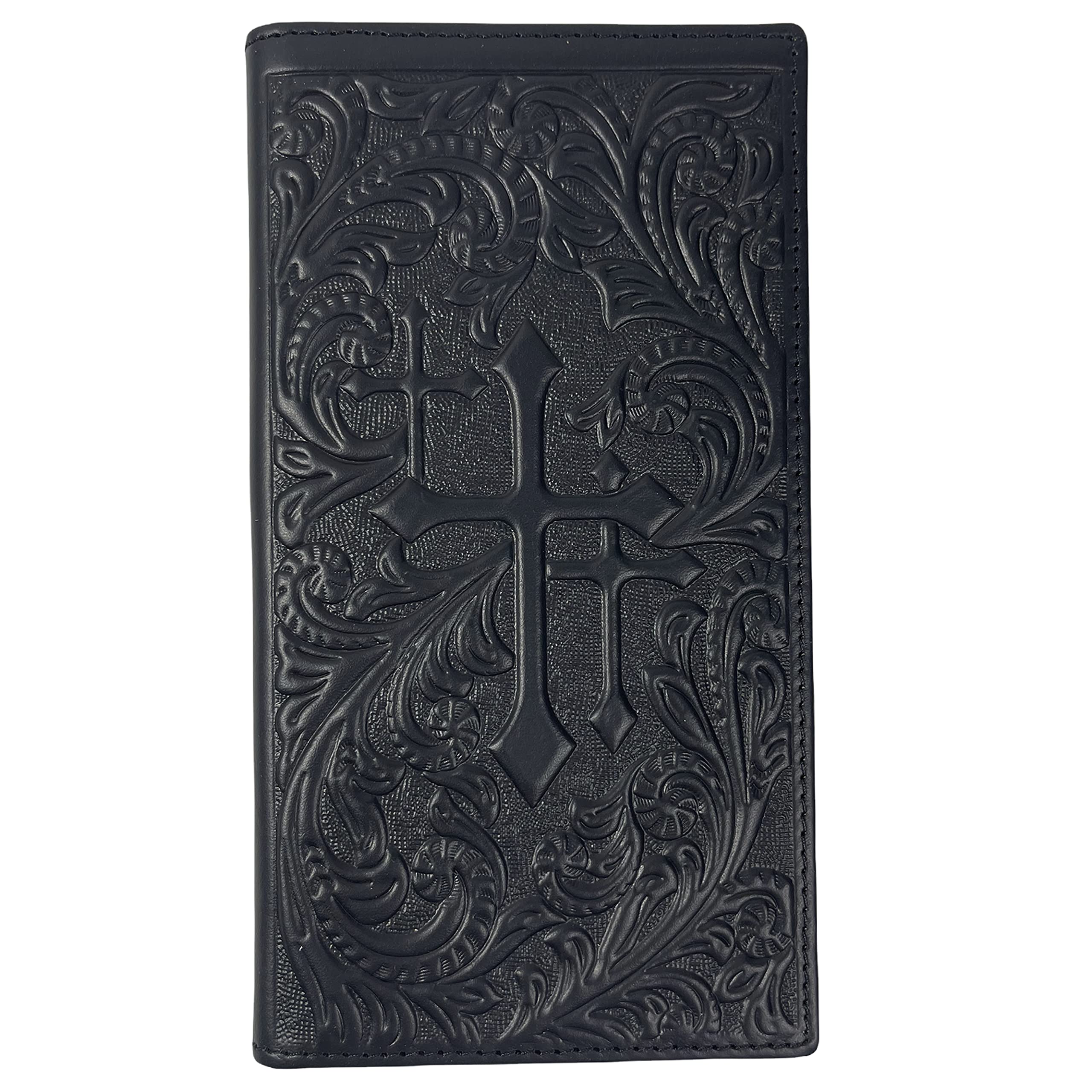 Urbalabs Western Cowboy Leather Long Wallets for Men Checkbook Tooled Wallet Tri Cross Bifold Long Cowboys Billfold Hand Stitched Rodeo RFID Blocking