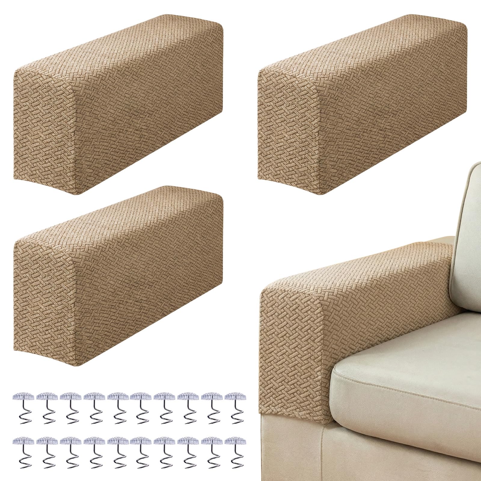 Sofa Arm Covers 4 PCS, Extra Long Couch Arm Protectors for Sofa and Recliners, Stretch Jacquard Armrest Covers for Large Armchairs, Anti-Slip Washable Furniture Protector for Dogs/Pets (Light Brown)