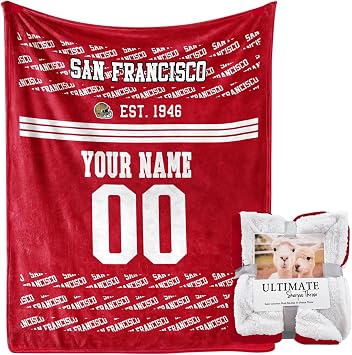 Ultragifta San Francisco Sherpa Blanket Custom Football Blanket with Name and Number Personalized City Football Lovers Fan Gifts Thick and Warm Fuzzy Plush Blankets for Sports Fan Men Boys Kids