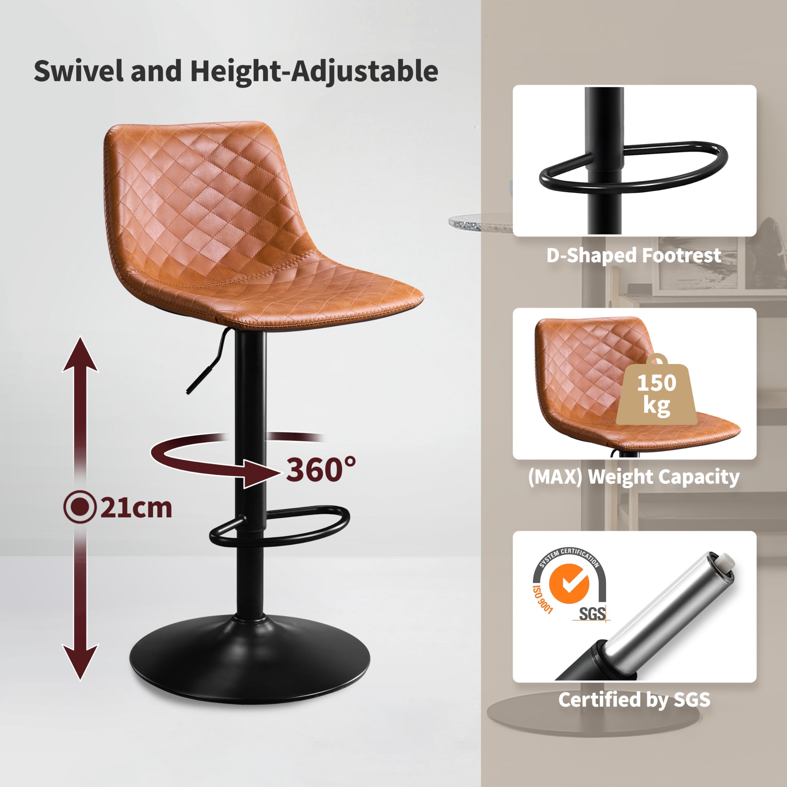 STOOLINK Taburete Cocina Juego de 2, Cuero de Microfibra, Moderno, Marrón | Taburete de Bar Altura Ajustable 61 a 82 cm, con Reposapies y Respaldo, Rotación de 360°, 150kg para Mostrador y Cafetería