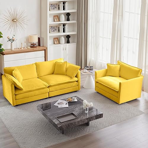 Miniatura 25 de mikibama Conjunto de sofá de 2 piezas de lujo, 2 piezas de sofá loveseat, conjunto moderno de sofás de chenilla cómodos en forma de nube para sala