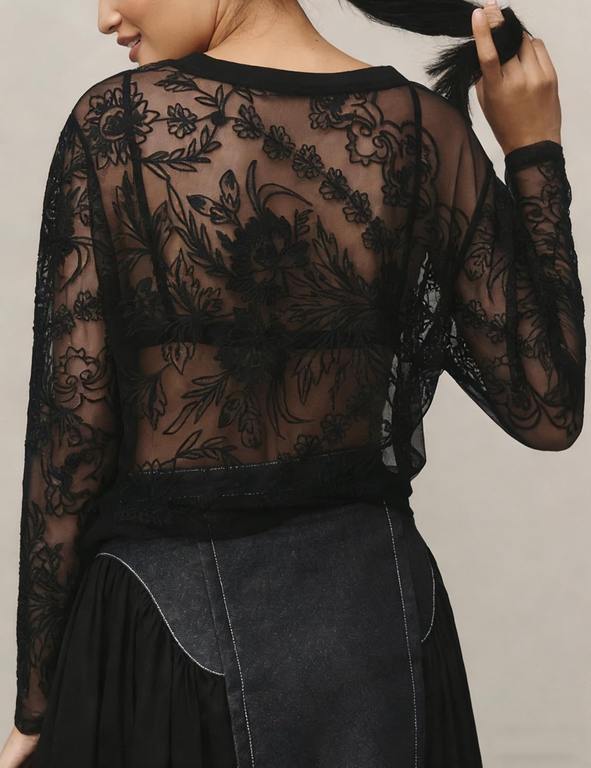 Aimiray Lace Tops Women Long Sleeve Crew Neck Mesh Tops Floral Printed Black Sheer Blouse Lightweight Cute Layering Shirts - Image 2