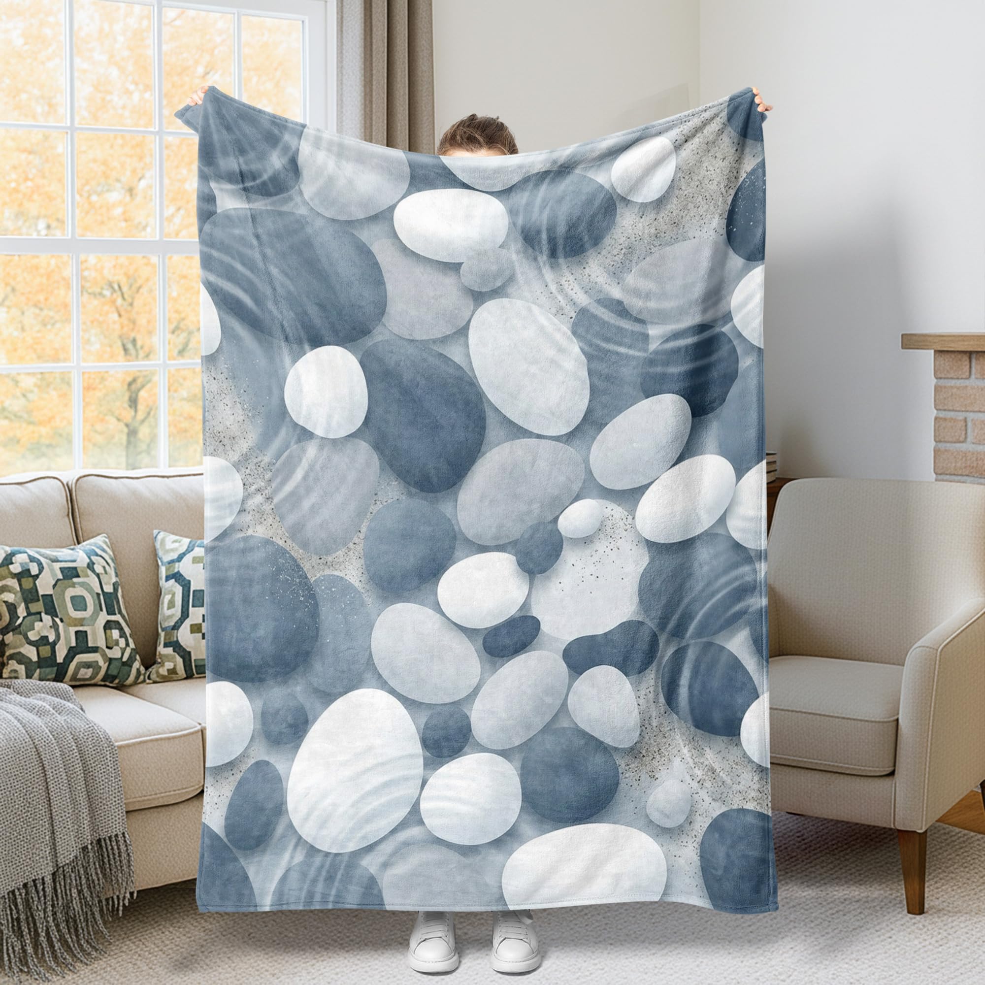 Jeté de lit bleu 152x203 cm, couverture moderne à motifs cercles pour canapé