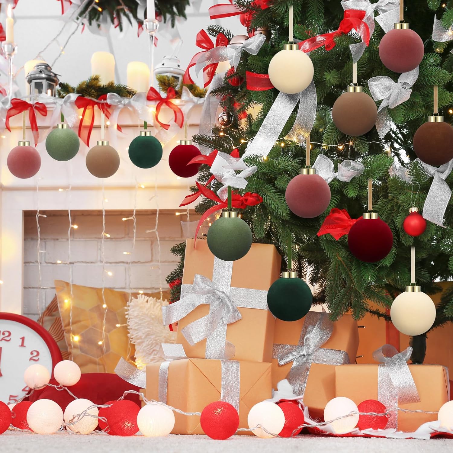 15 Pcs Velvet Christmas Ball Ornaments 3.15 Inch Flocked Christmas Tree Decorations with 10 Yards Velvet Ribbon Red Green Brown Pink Cream Shatterproof Xmas Baubles for Tree Holiday Decor