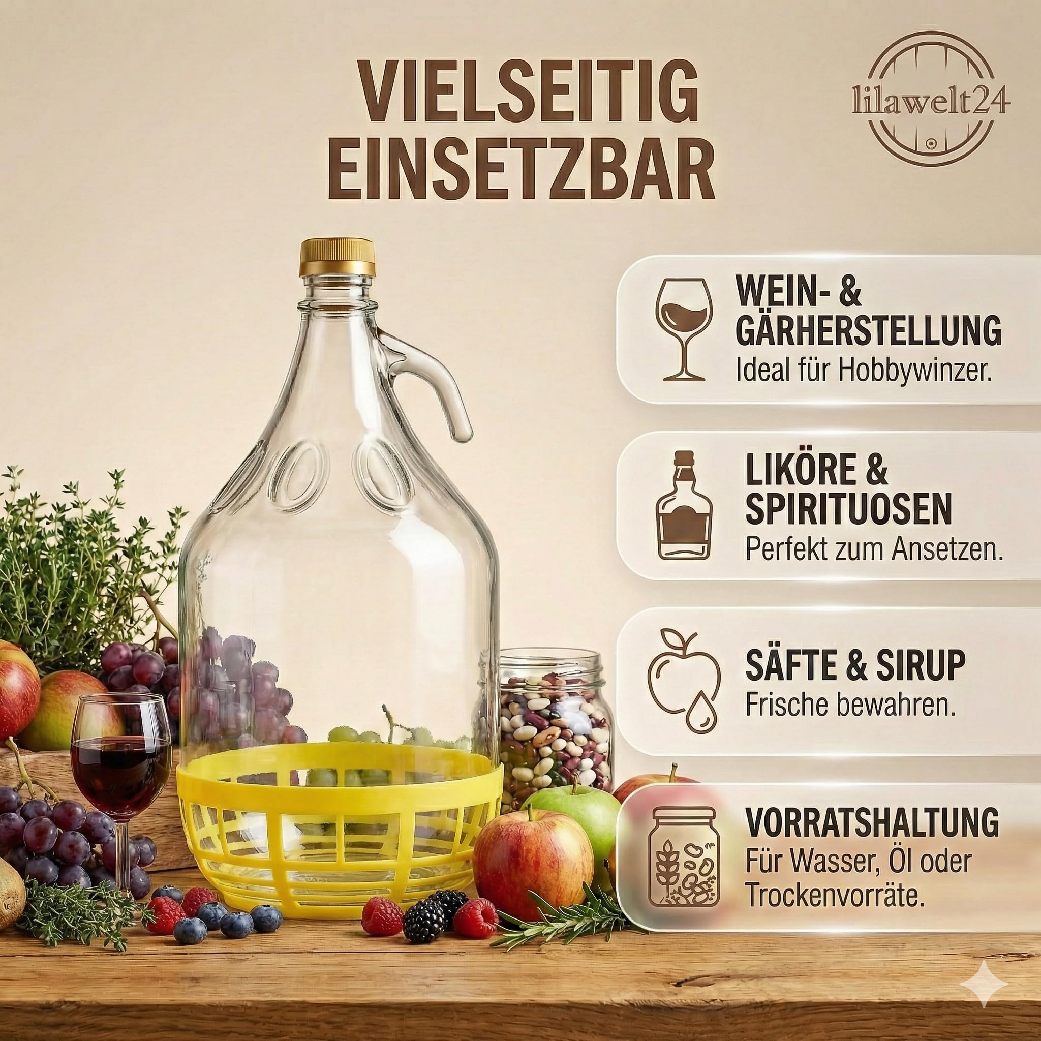 lilawelt24 6 x 5L Glasballon (Gallone) mit Schutzkorb, Schraubverschluss & Henkel - Glasflasche für Wein, Gärung & Saft - EU-Qualität