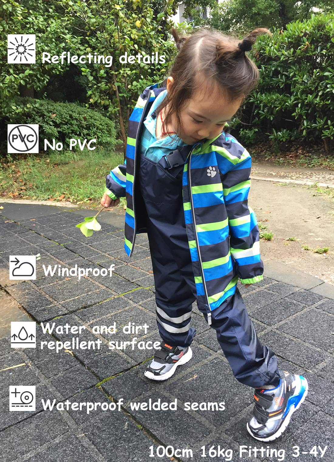 Kinder Zweiteiliger Regenanzug für Jungen und Mädchen, Wasserabweisende Jacke mit Regenlatzhose, Matsch-Anzug mit Kapuze