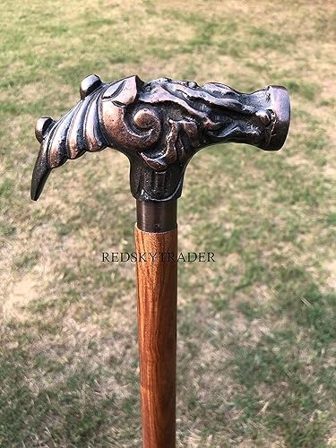 Miniatura 3 de Cabeza de hombre antiguo de latón con mango de diseñador plegable de madera, estilo steampunk, regalo de diseñador de moda para caballeros, acabado