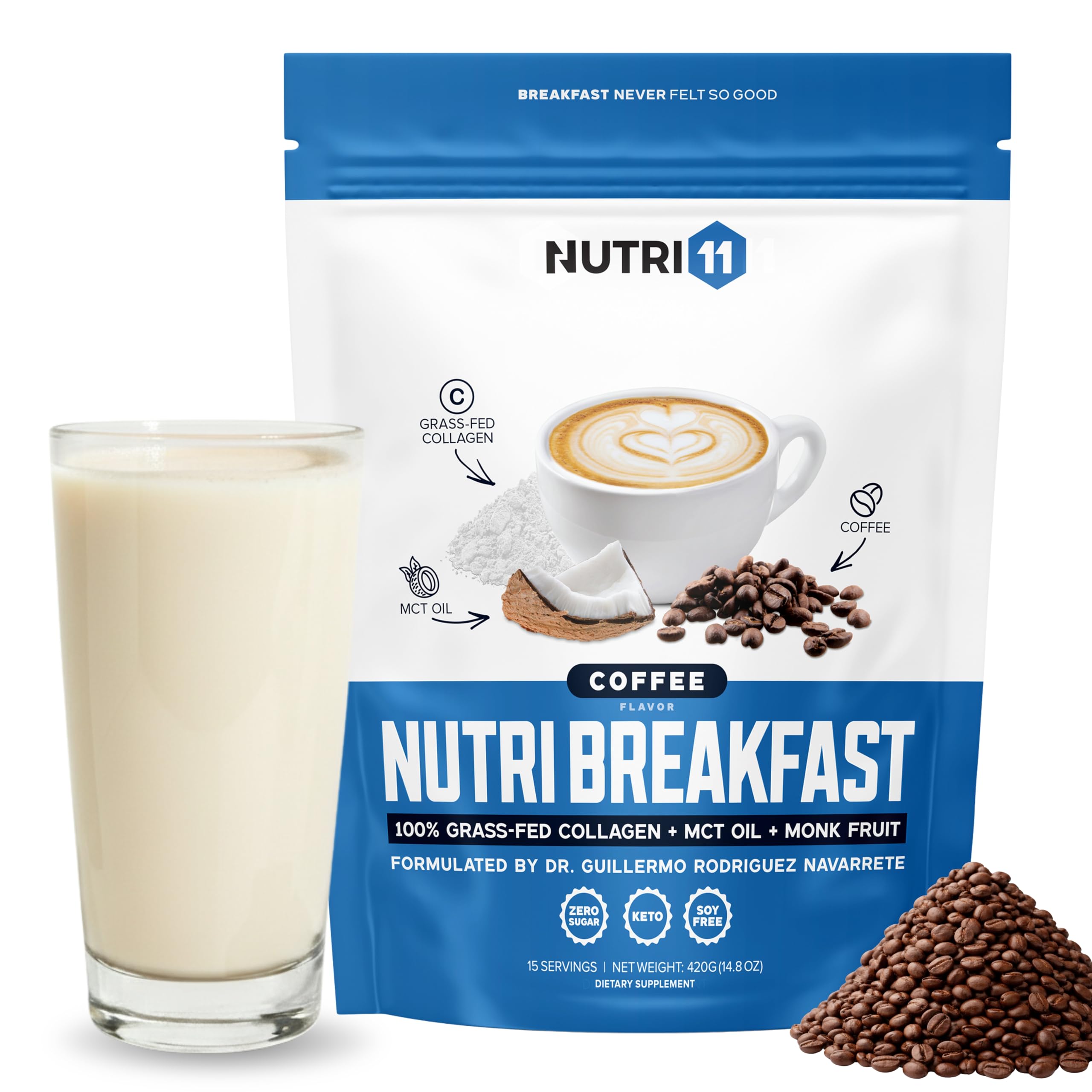 Nutri11 suplemento em pó de colágeno com MCT e peptídeos de colágeno sabor café, 451 g