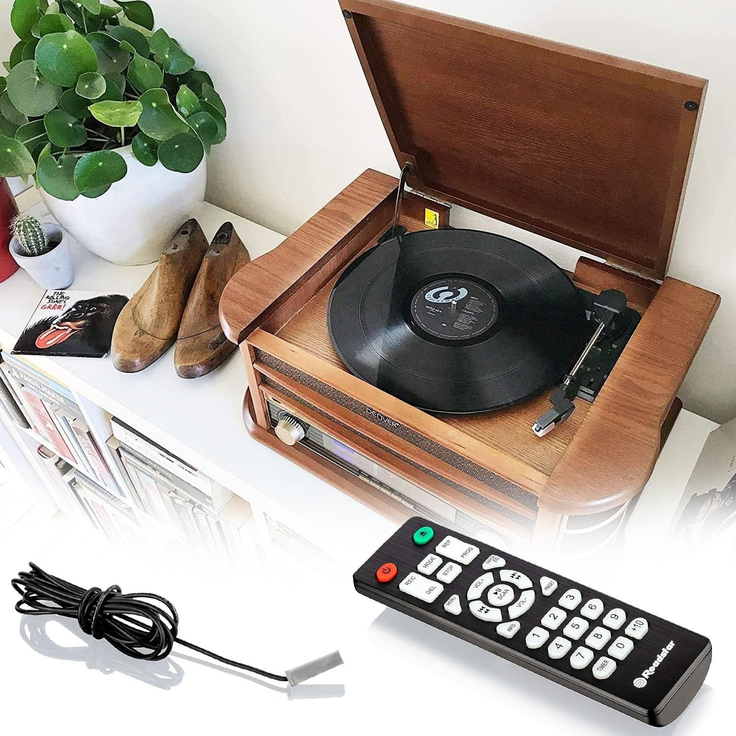 Tourne-Disque Roadstar HIF-1996D+BT - Platine Vinyl 33/45/78, Radio Dab+/FM, CD-MP3, Cassette, Bluetooth, USB, rétro Bois, LED