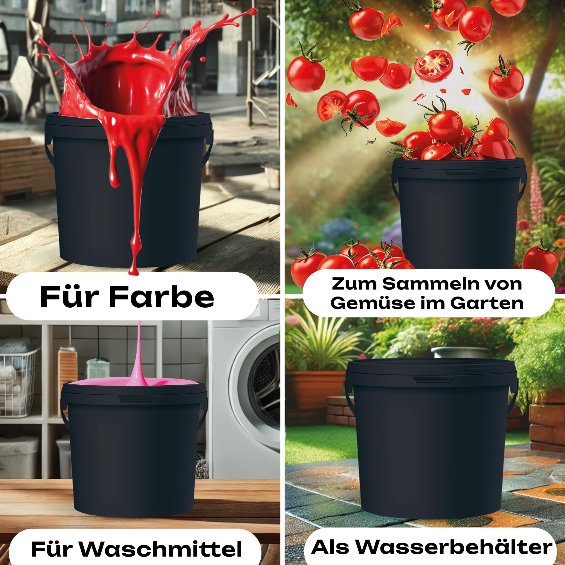POSH Cubo con tapa, 3 x 10 l, apto para alimentos, color negro, con asa, a prueba de olores, herméticos y a prueba de fugas, de plástico resistente