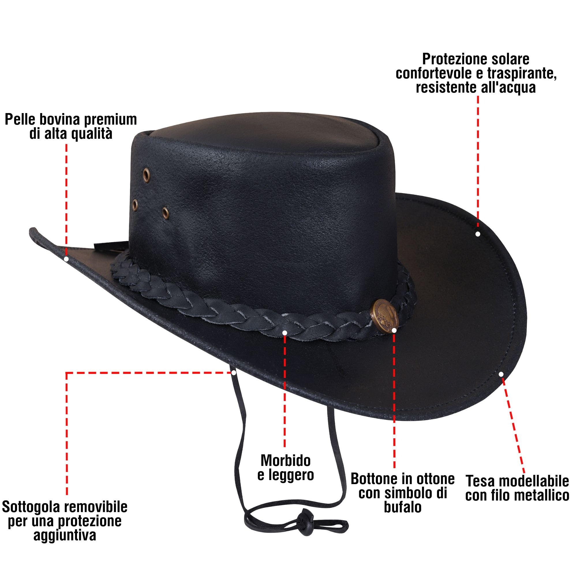 URBAN 5884 Cappello da Cowboy in Vera Pelle Plain, Cappello Western Uomo/Donna in Vera Pelle Bovina, Tesa Modellabile e Sottogola Regolabile