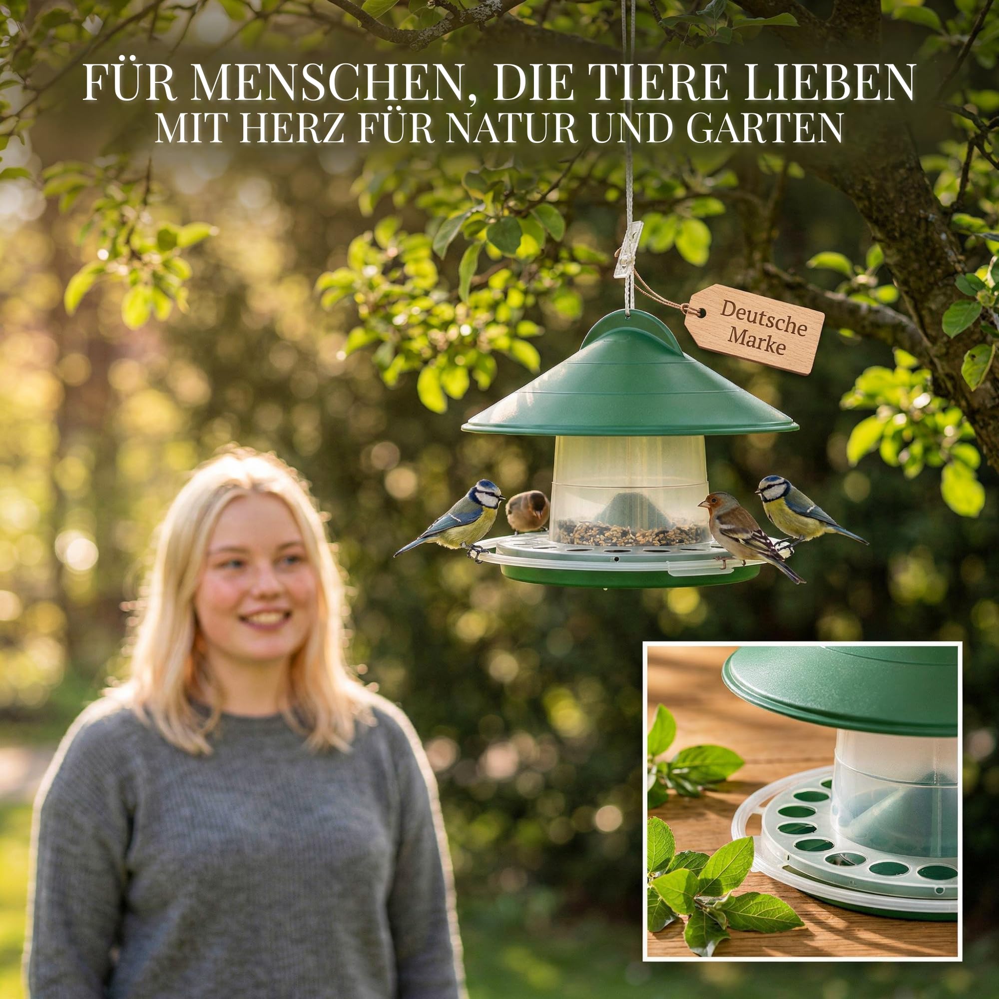 Vogelfutterhaus & Vogeltränke Set – Vogelfutterspender 2kg mit Wetterschutzdach und Vogeltränke aus Glas, Vogelfutterstation für Balkon & Garten