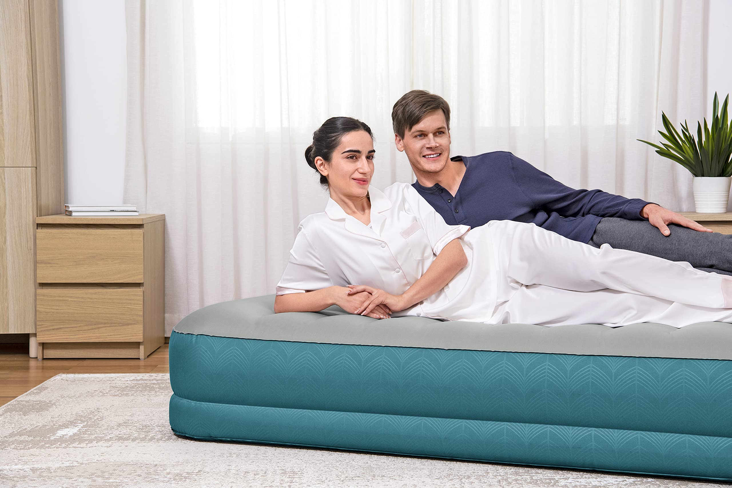 Bestway AlwayzAire Fortech łóżko dmuchane z podwójną pompą zasilaną akumulatorem, Double XL/Lo, 203 x 152 x 36 cm, turkusowe