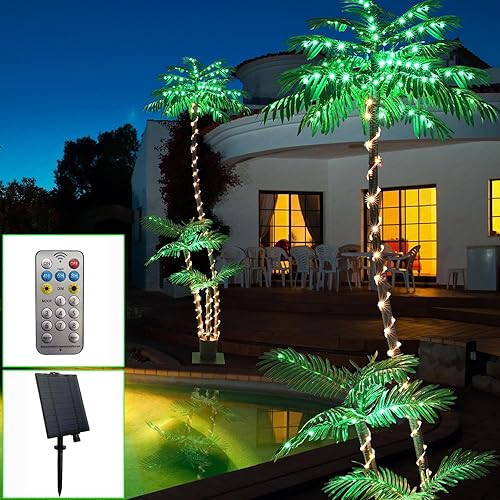 Palmera solar artificial iluminada de 7 pies con tres troncos y 260 luces LED, ideal para uso en exteriores e interiores, perfecta para bares Tiki,