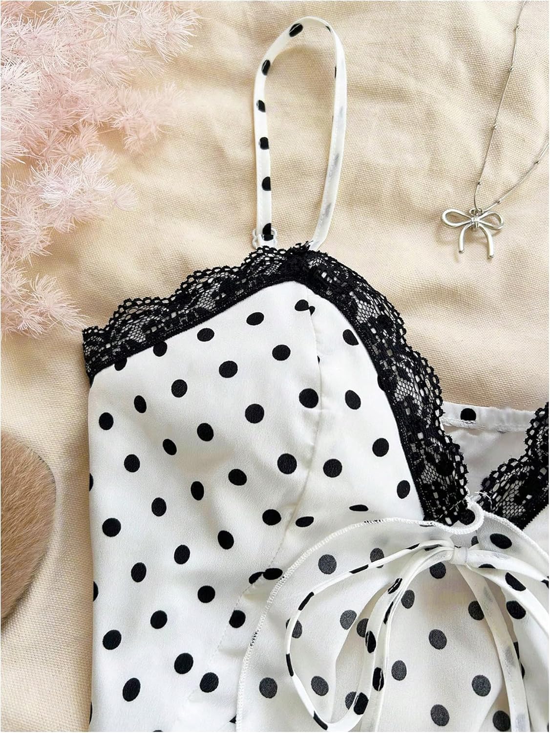 OYOANGLE Women's Polka Dots Contrast Lace V Neck Sleeveless Cami Tops Ruffle Trim Tie Front Crop Camisoles - Image 6