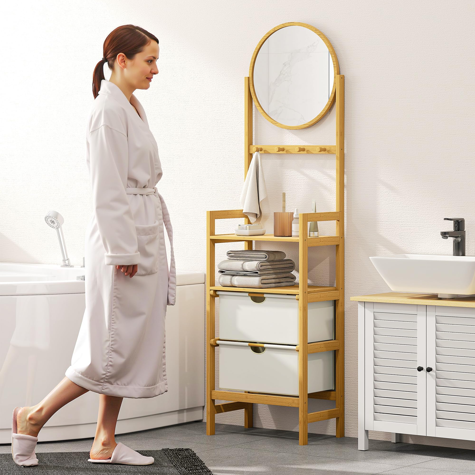 HOMCOM Estantería de Baño de Bambú con Espejo Estantería de Almacenaje con 4 Ganchos 2 Estantes Abiertos y 2 Cajones de Tela para Cocina Baño Salón 48,5x30x170 cm Natural