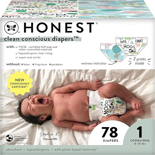 The Honest Company Pañales Clean Conscious  A base de plantas, sostenibles  Above It All + Barnyard Babies  Club Box, tamaño 1 (8-14 libras), 78