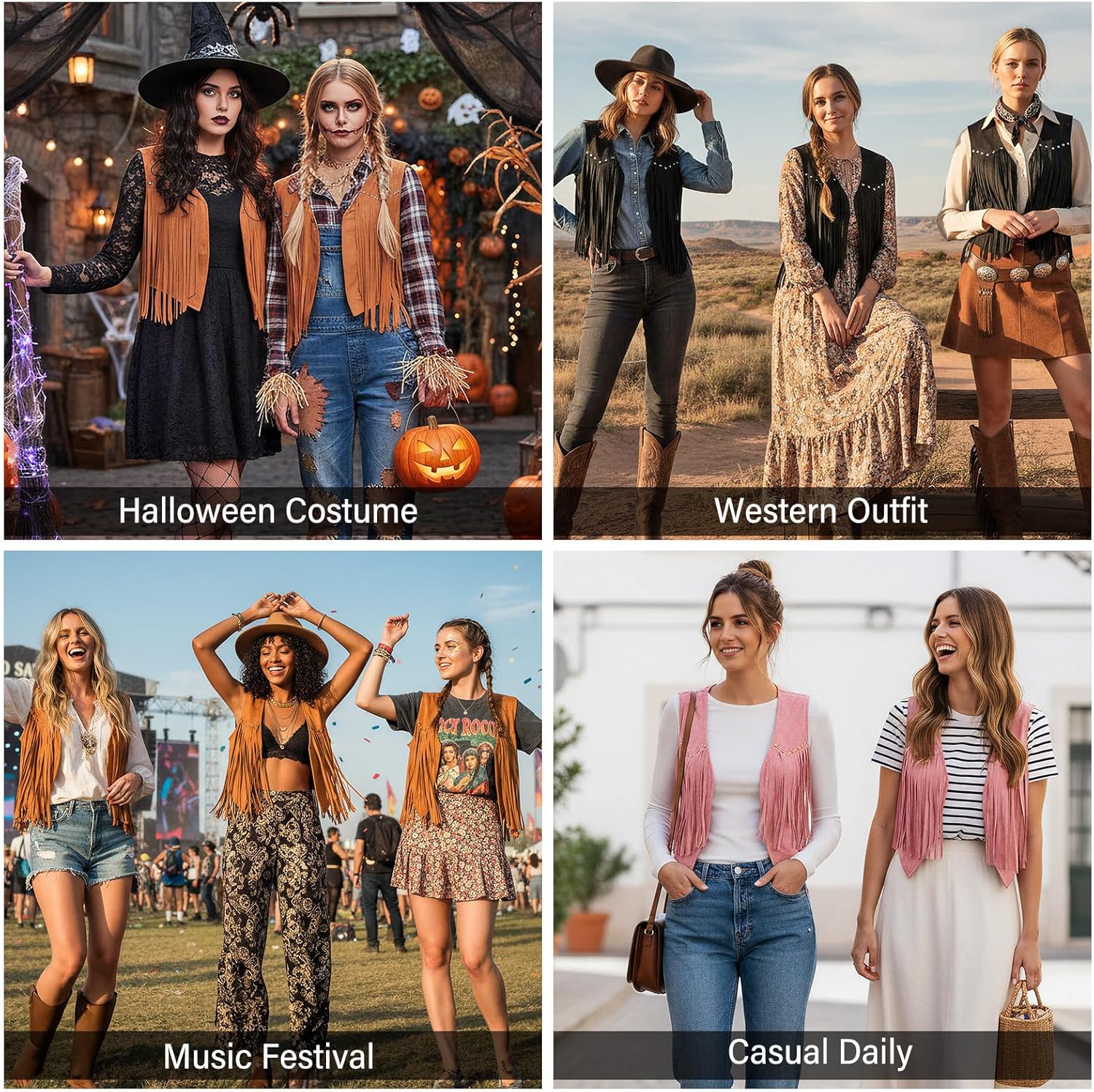 JASGOOD Tassel Vest Women 70s Suede Hippie Faux Sleeveless Fringe Jacket Western Tassel 60S Outfit - Image 6