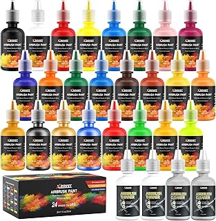 Airbrush Starter Paint Set & Airbrush Paint Thinner Bundle - Non-Toxic Water Based Acrylic Airbrush Paint Set, Flow Improver and Airbrush Medium for Miniature Wargaming (24 Colors Set)