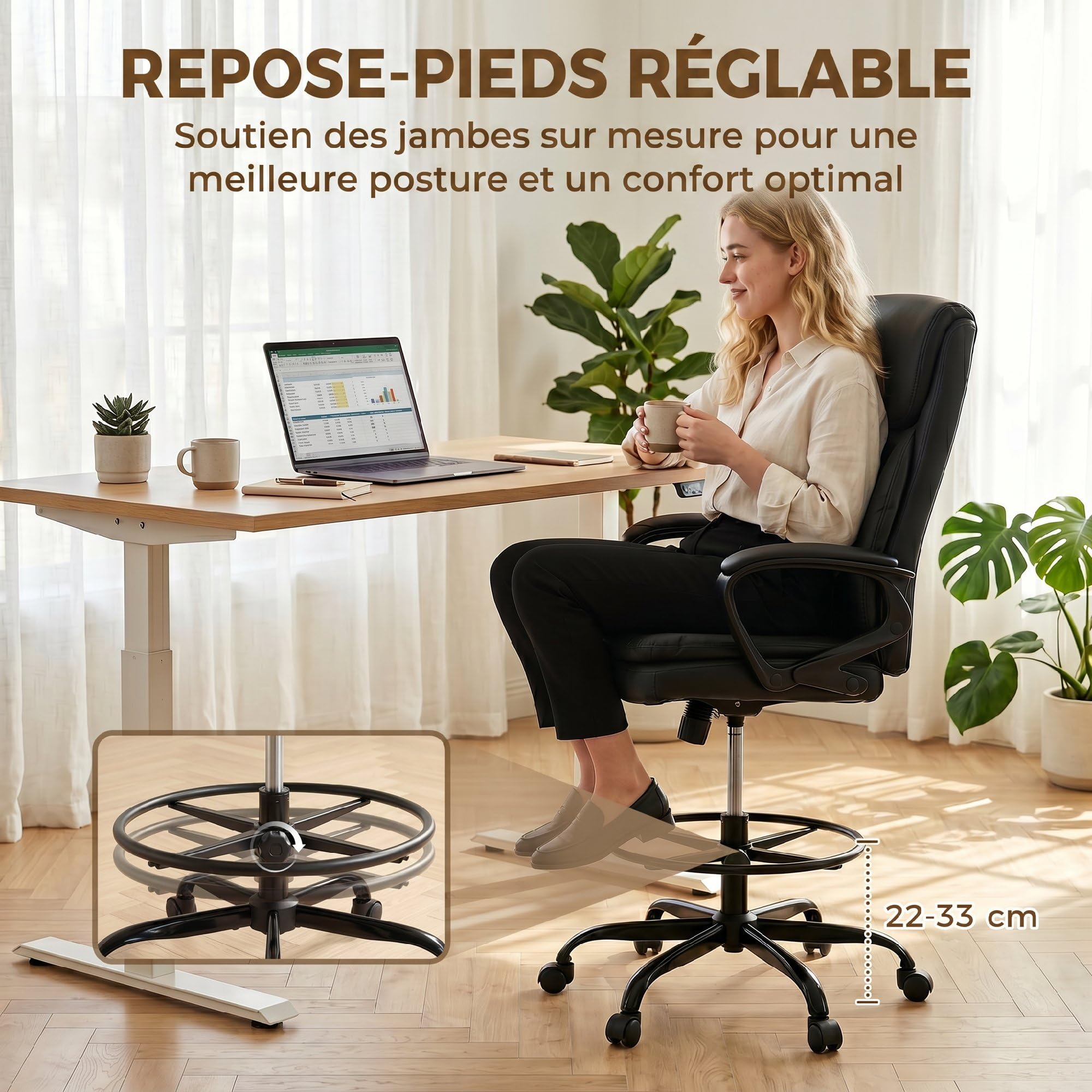 HOMCOM Chaise Bureau Ergonomique Chaise de Dessin Réglable en Hauteur Noir