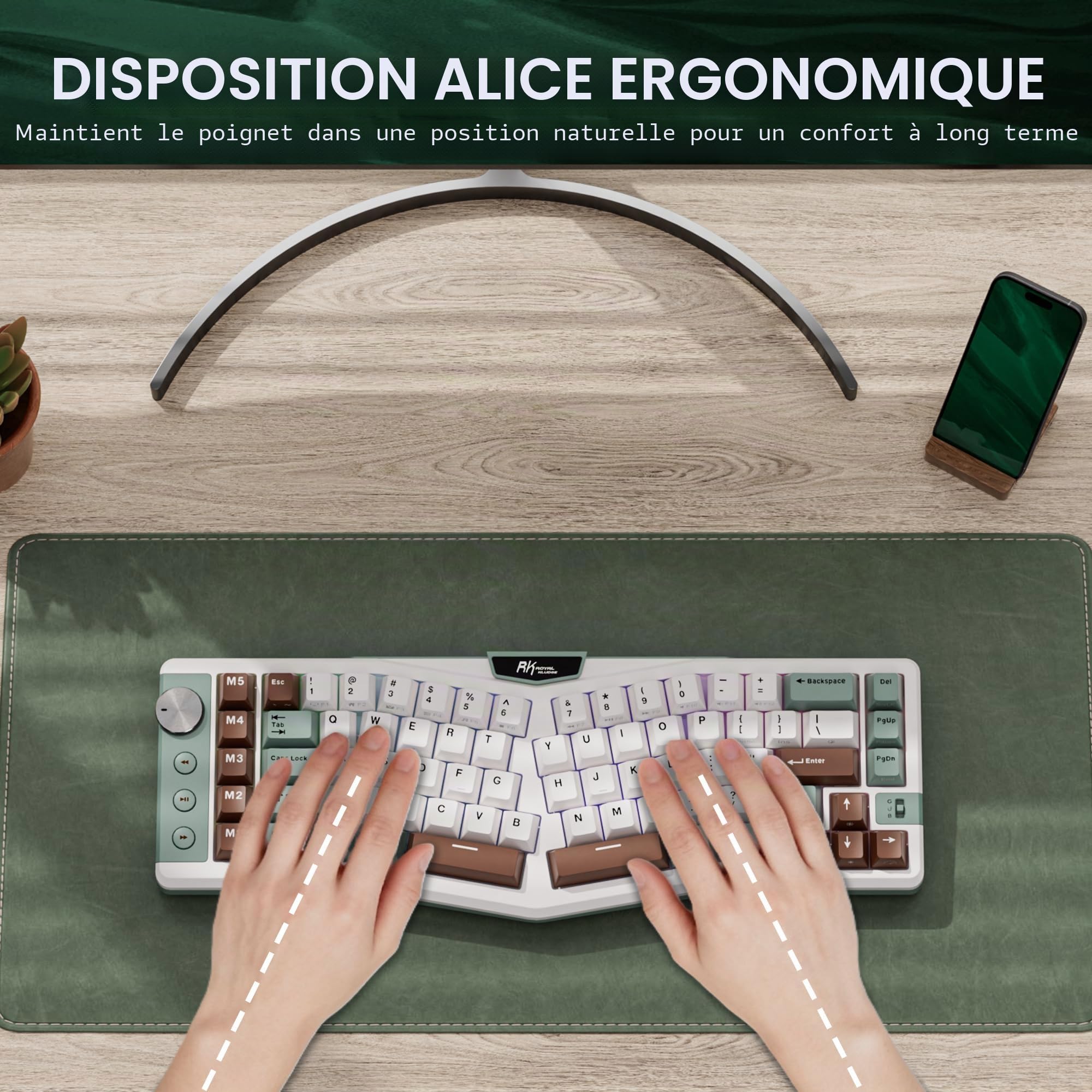 RK ROYAL KLUDGE A72 Clavier mécanique sans Ergonomique Alice, Split Ergo | Joint RGB Gaming Clavier bouton/touches macro/plaque signalétique tactile, BT/2,4G/USB-C, atténuation 5 couches, Win/Mac